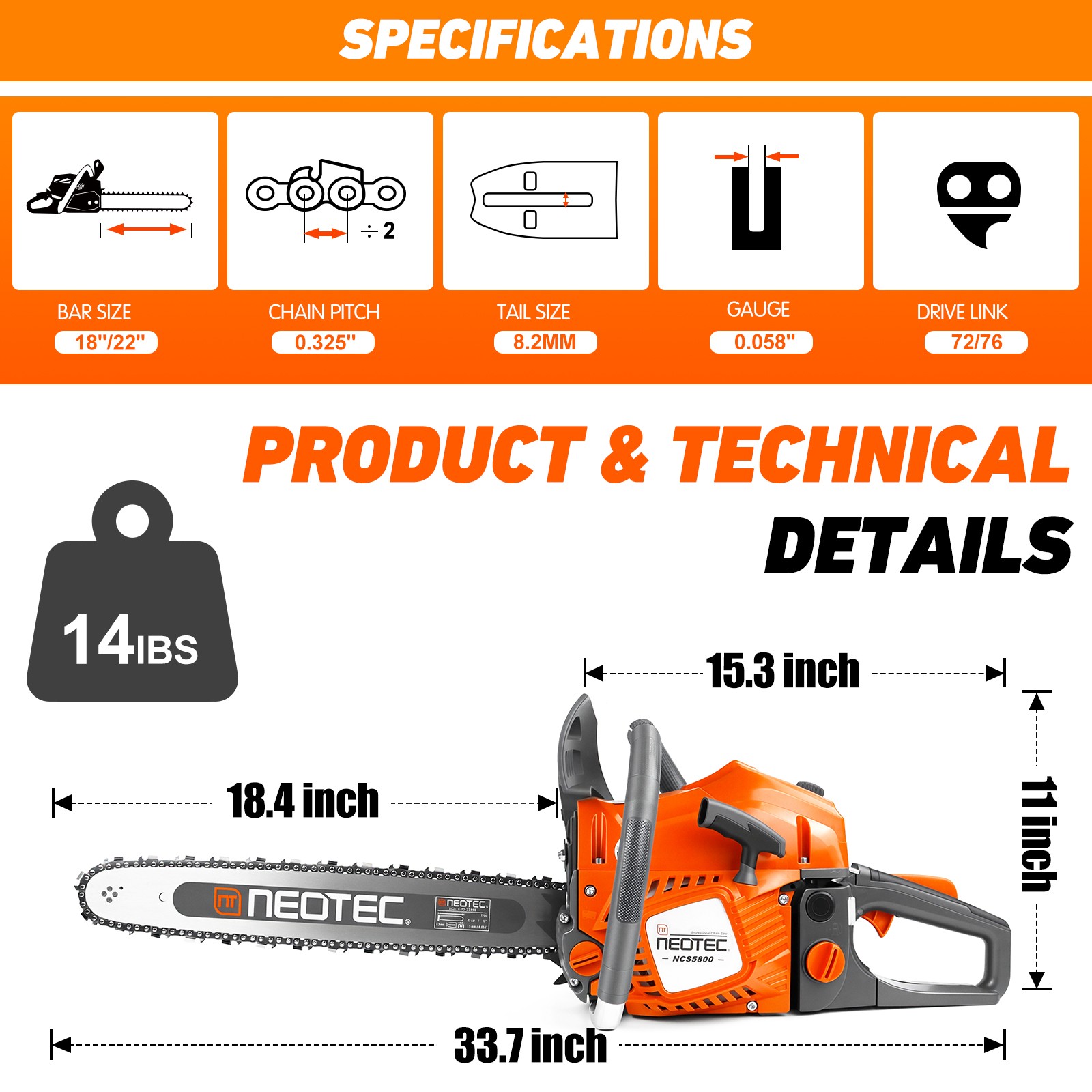 62cc Gas Powered Chainsaw with 22” Guide Bar Saw Chain 2-Stroke Engine Cut Wood