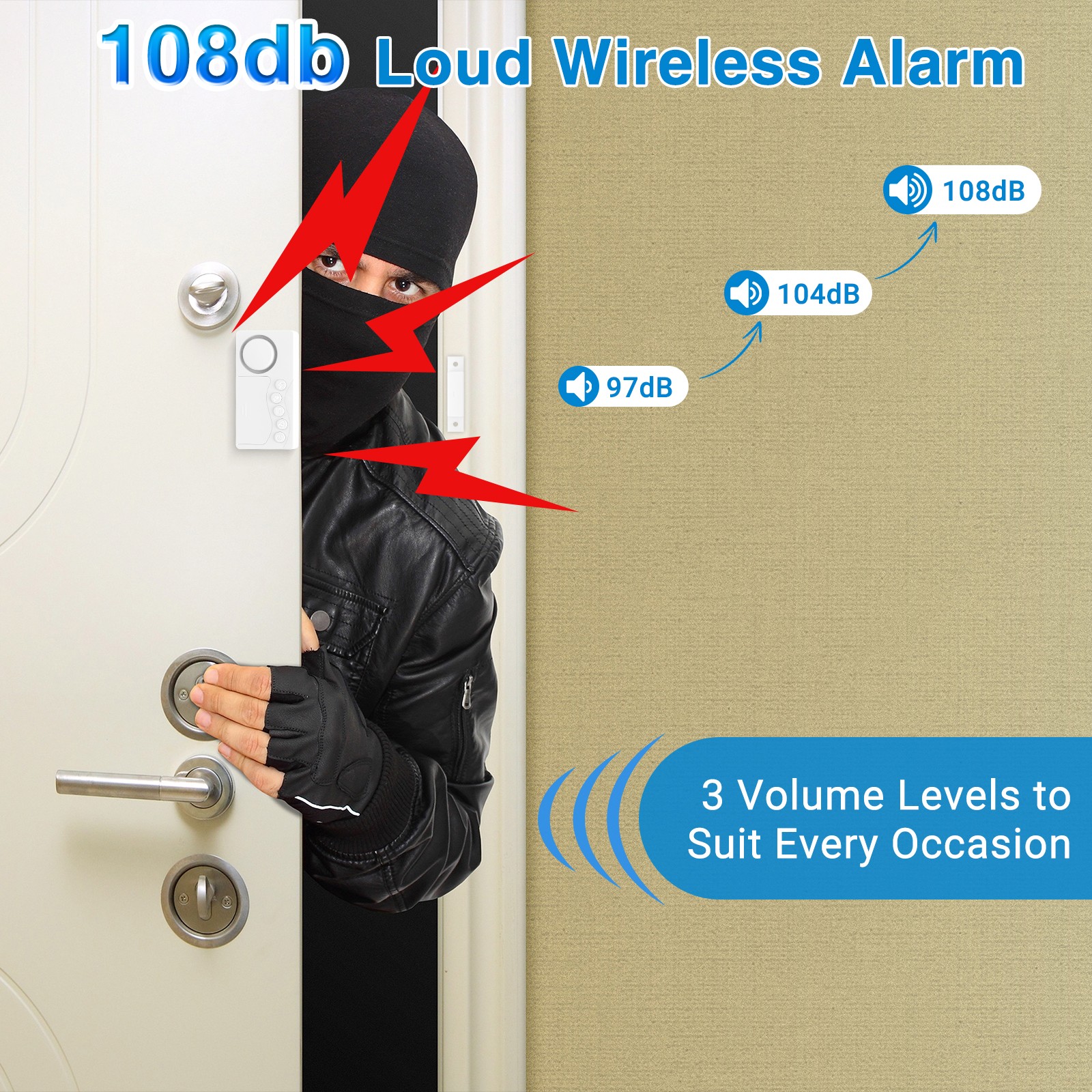Loud 108dB Door Security Alarm 3/15/30/60S Delay 3Volumes 4Modes Anti-Theft 2PCS
