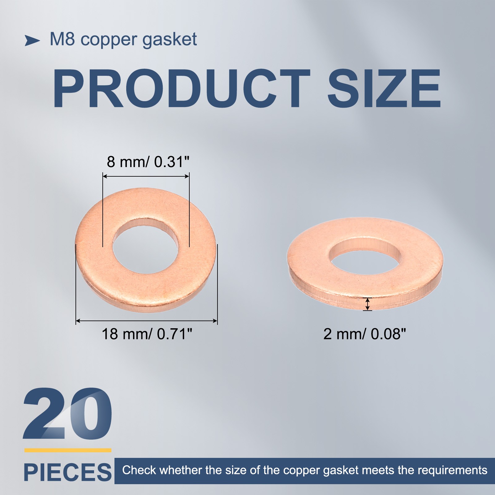 20 Pcs M8 Flat Copper Washers 8x18x2mm Copper Flat Sealing Ring Washers