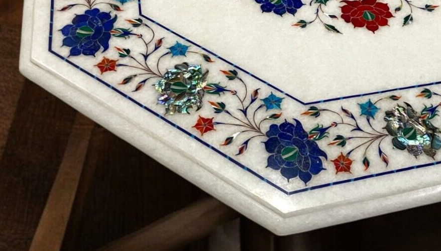 Buy White Marble Sofa Center Table Handcrafted Carnelian with Lapis Inlay Stone