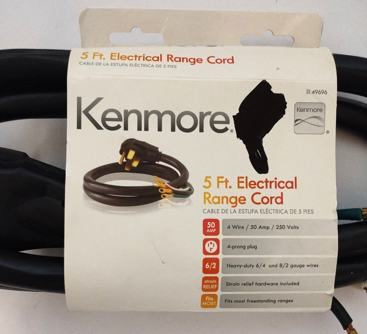 Kenmore 5 Ft. Electrical Range Cord Cable 50 Amp 4 Wire 49696 4 Prong 250 Volts