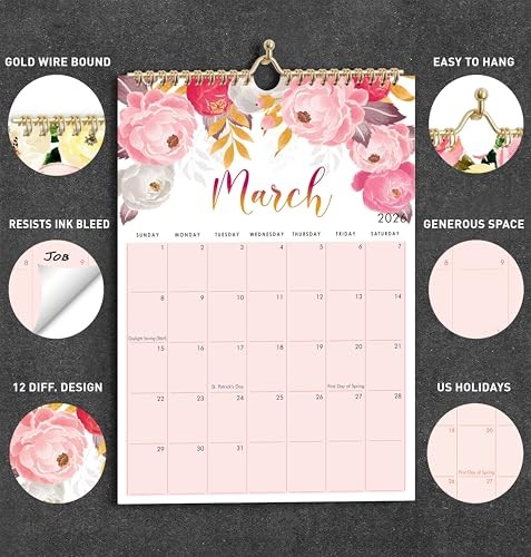 Wall Calendar,12 months large floral Calendar runs from Jan – Dec Spiral 2026