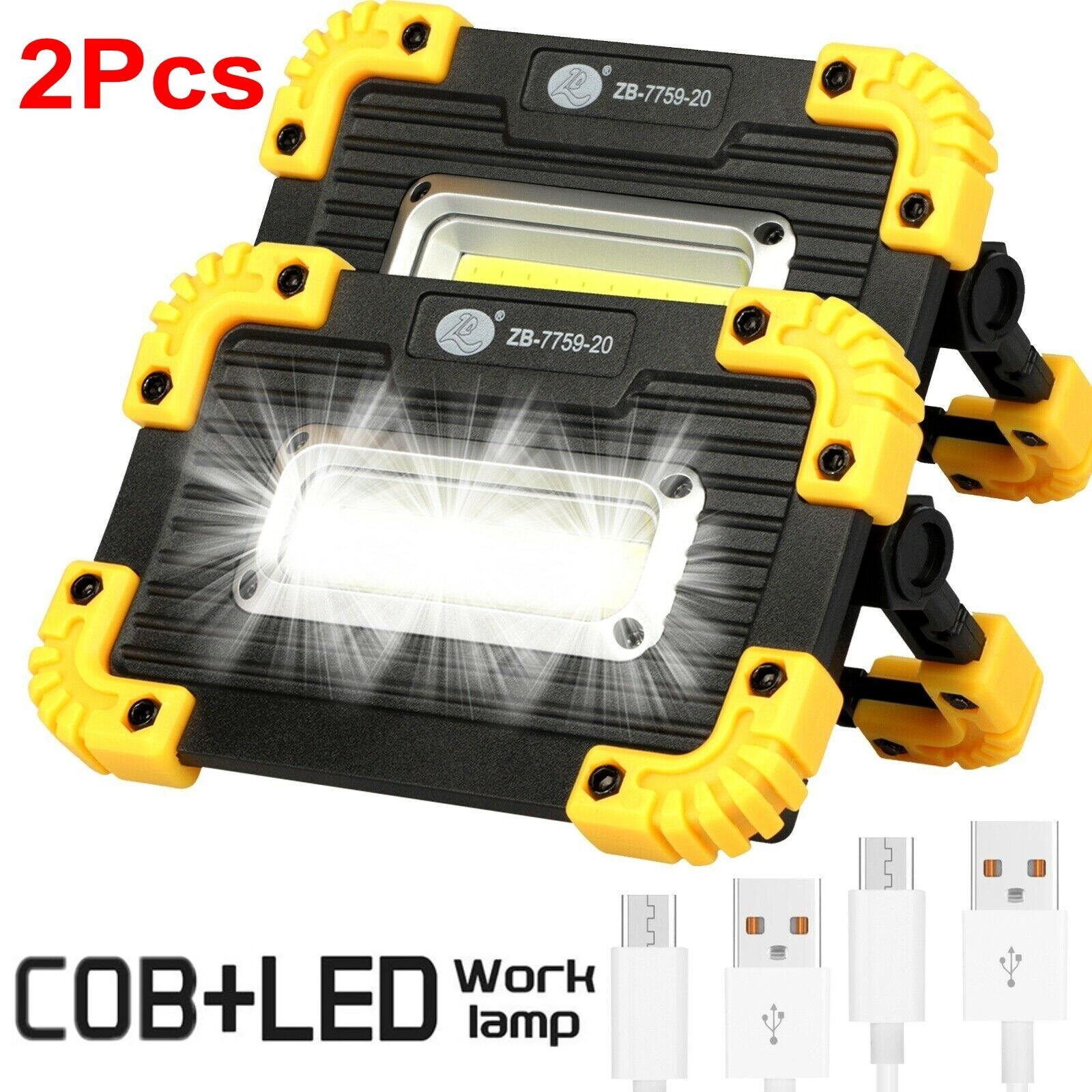 2Pcs LED+COB Work Light USB Rechargeable Spotlight Floodlight Camping Emergency