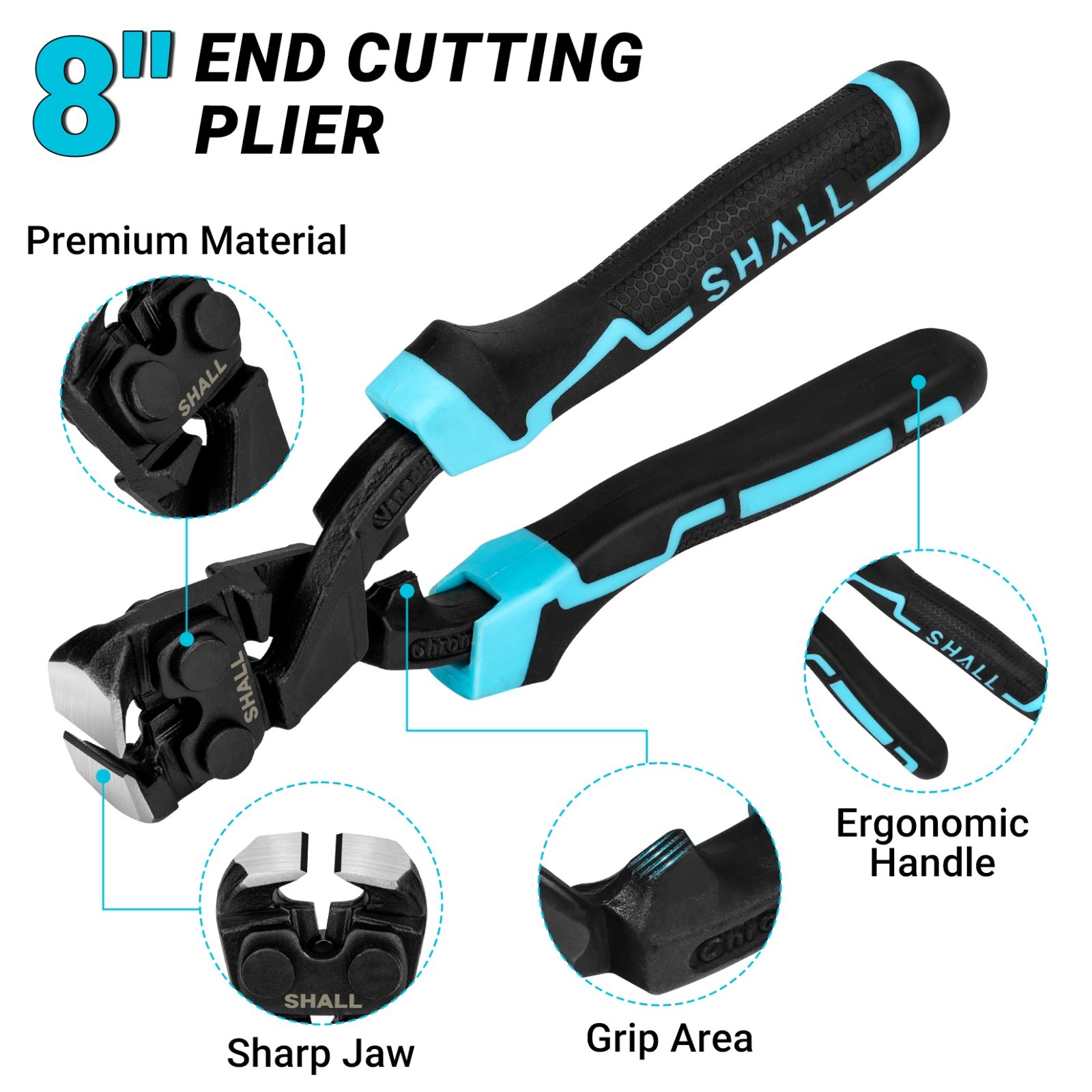 SHALL 8-Inch Nail Puller, 8″ End Cutting Pliers, Two-Color Ergonomic Handle