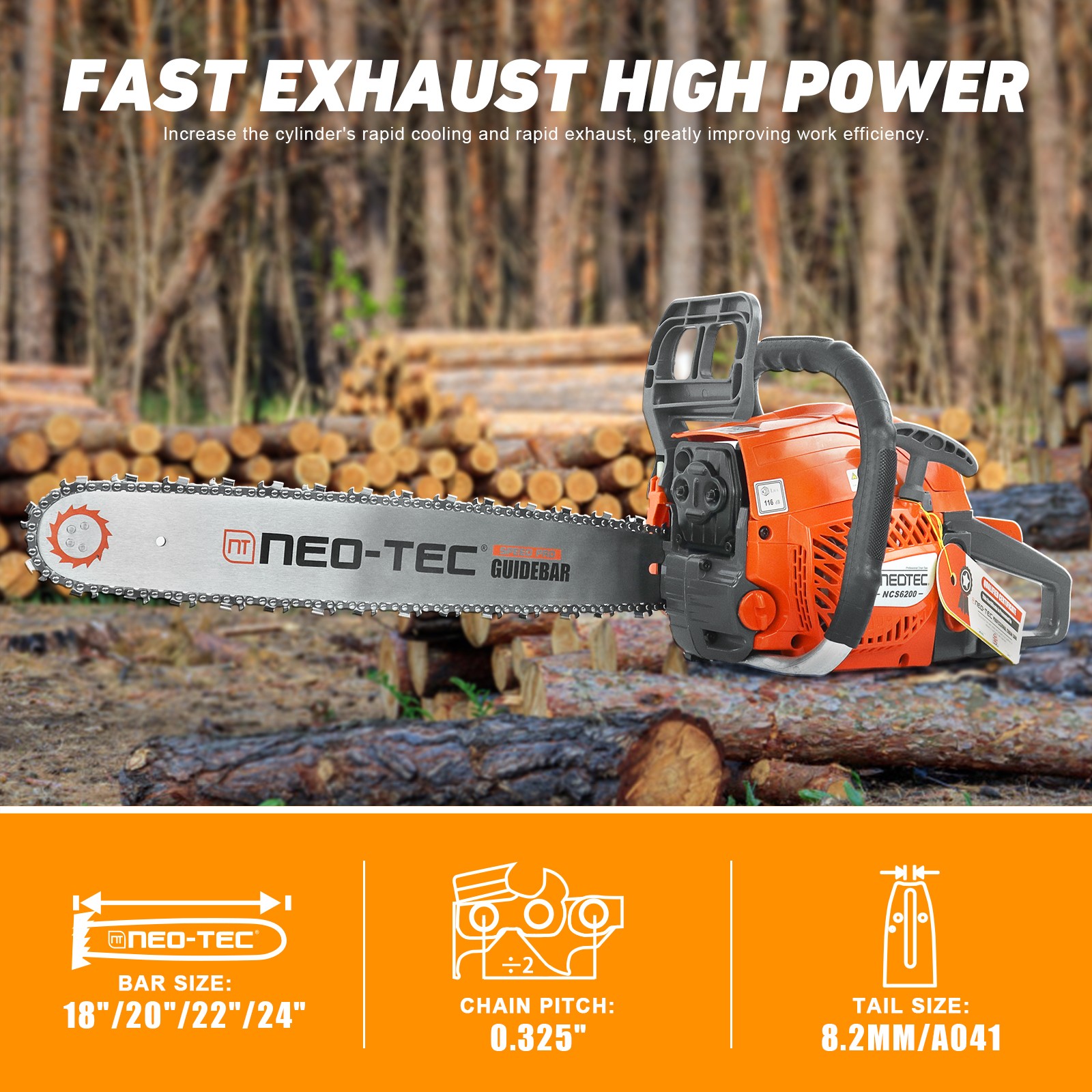 62cc Gas Powered Chainsaw with 20” Guide Bar Saw Chain 2-Stroke Engine Cut Wood