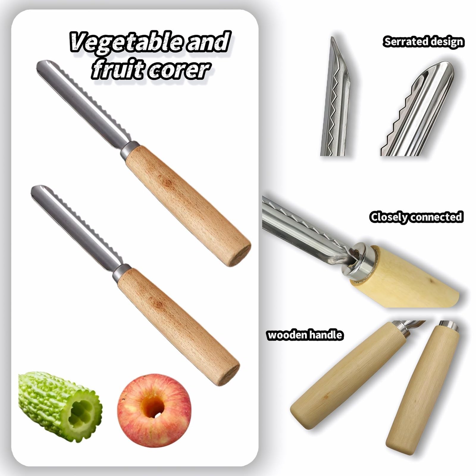 2-Pack Vegetable Corer Tool – 8″ Stainless Steel Silver And Natural Wood
