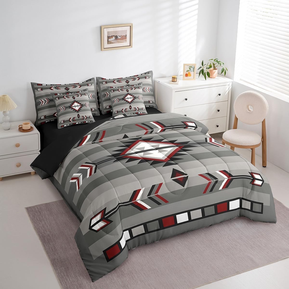 Queen Size Western Boho Bedding in Grey Red – 7 Piece Set for Rustic Charm