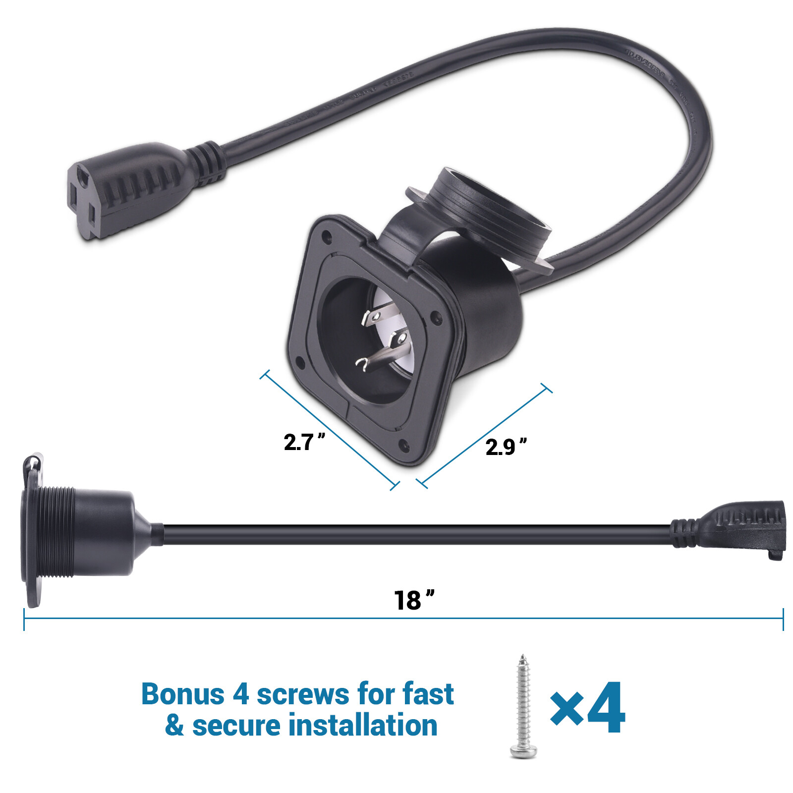 110-125V 15A AC RV Marine Power Inlet Port Plug 18″ Extension Cord Trailer Plug