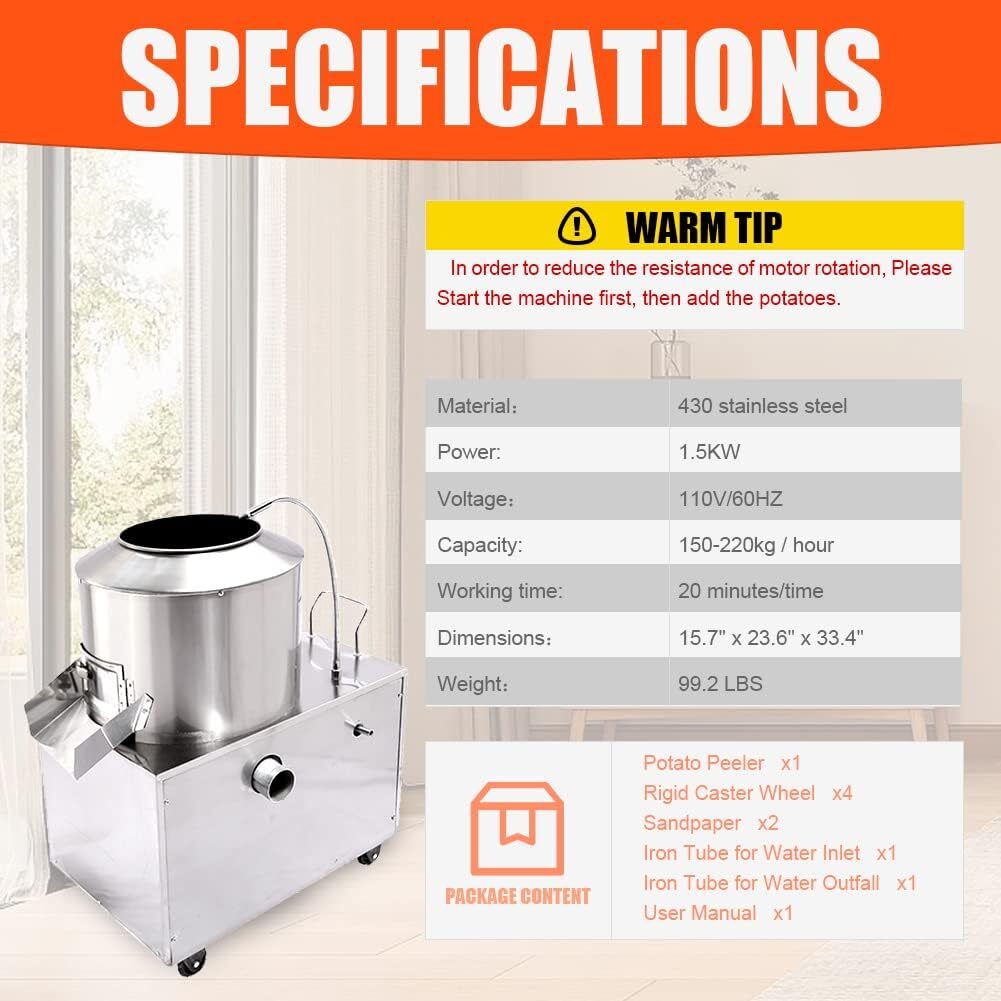 Commercial Potato Peeler 1500W Automatic Potato Washer Caster Electric 220kg/h