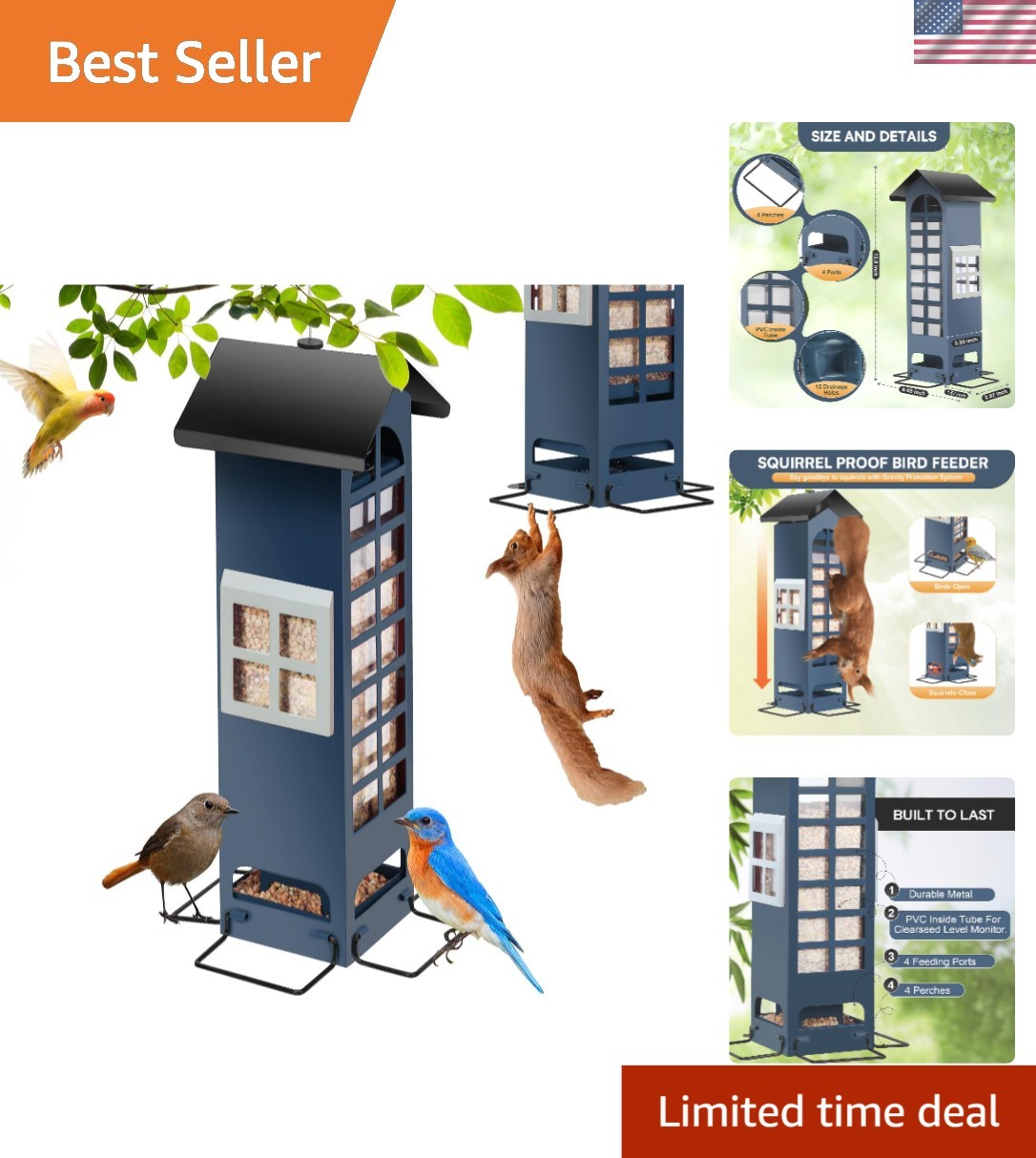 All-Weather Squirrel Proof Bird Feeder – 2LB Capacity, Adjustable Perches – Blue