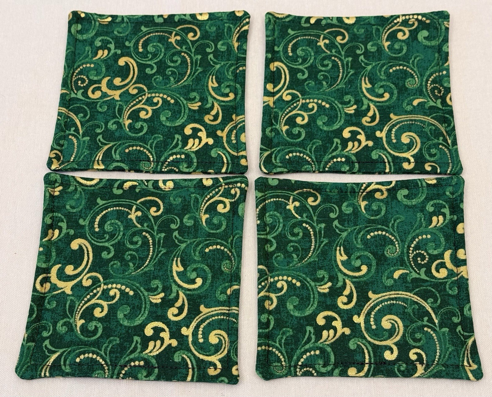 St Patricks Day Drink Coaster Set of 4 Shamrock Green Shiny Gold Swirl Washable