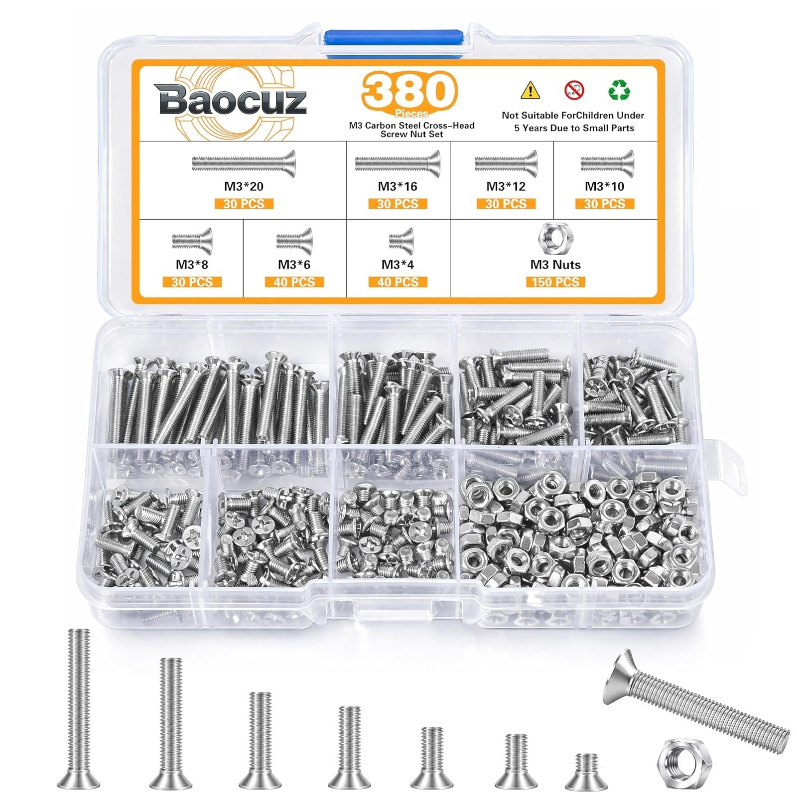 380 Pcs M3 Black Flat Head Machine Screws & Hex Nuts Kit Carbon Steel