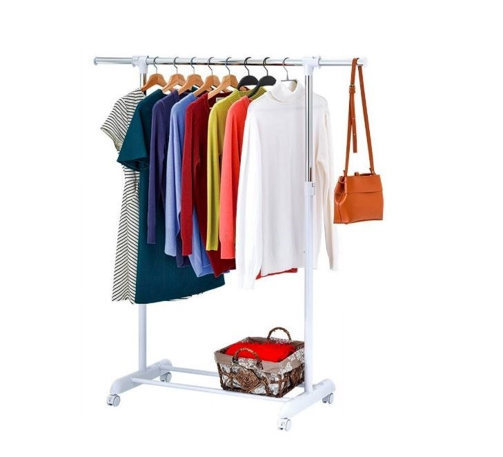 Heavy Clothes Hanger Adjustable Height Rolling Garment Rack Metal Chrome White