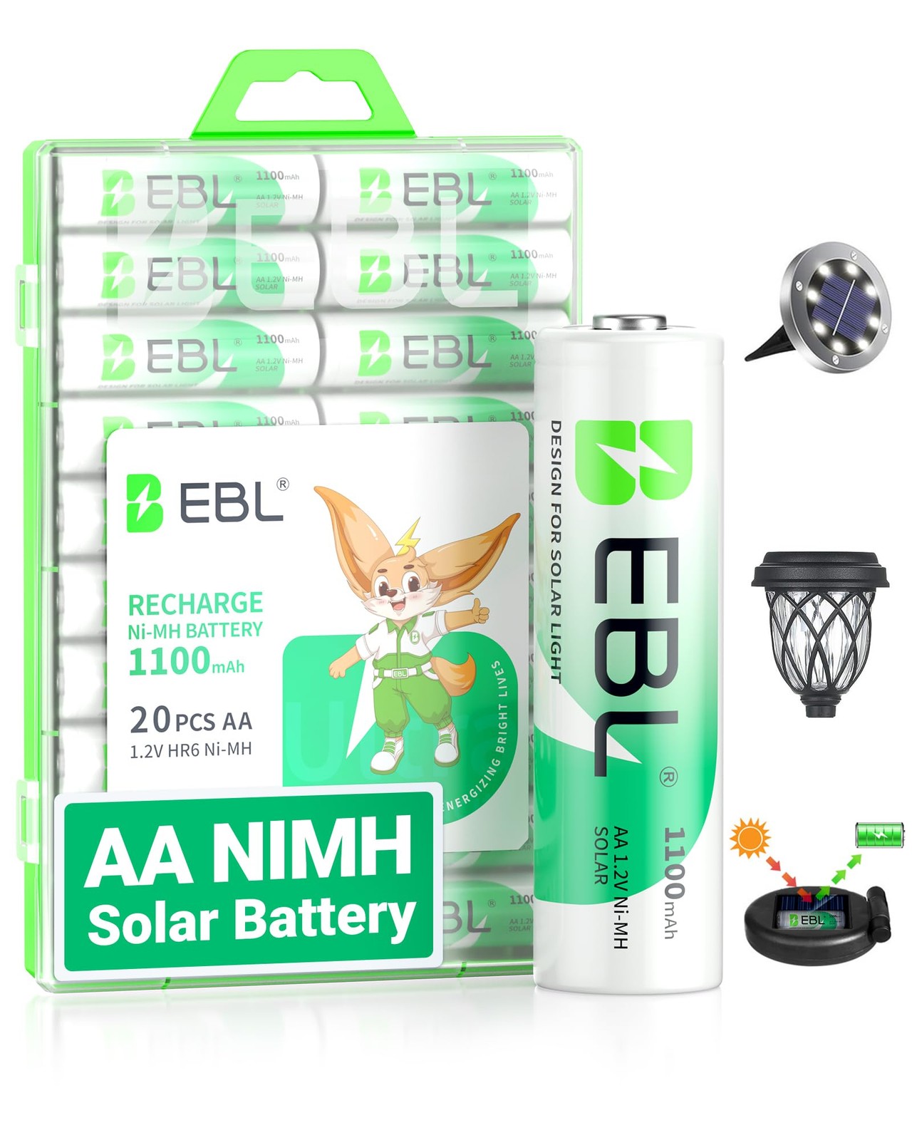 EBL 1100mAh Solar AA Batteries for Outdoor Lights Garden Pack of 20