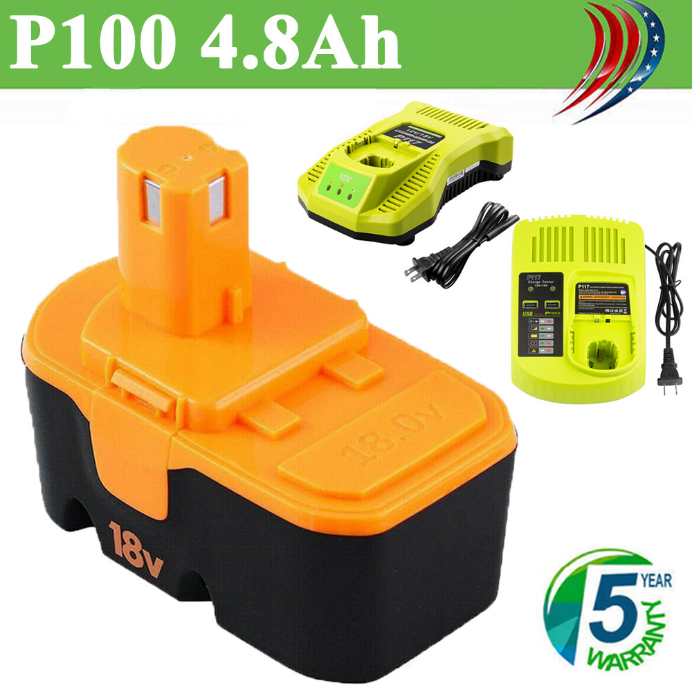 1-2Pack for Ryobi Battery/Charger Replace 18V PLUS 4.8Ah NIMH P100 P117 ABP1801