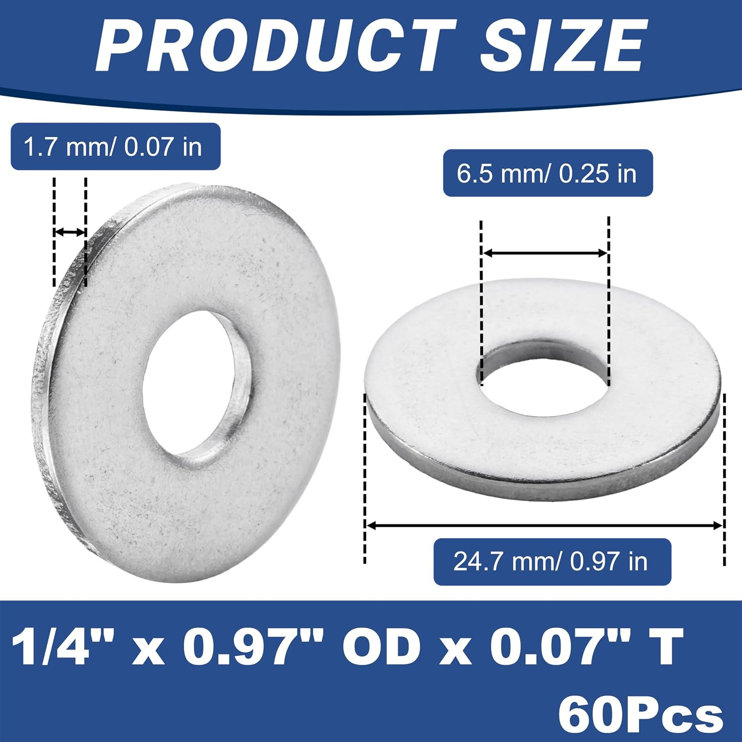60 Pcs 1/4″ Fender Washers Stainless, 1/4″ ID X 0.97″ OD X 0.07″ Thick, Large Fe
