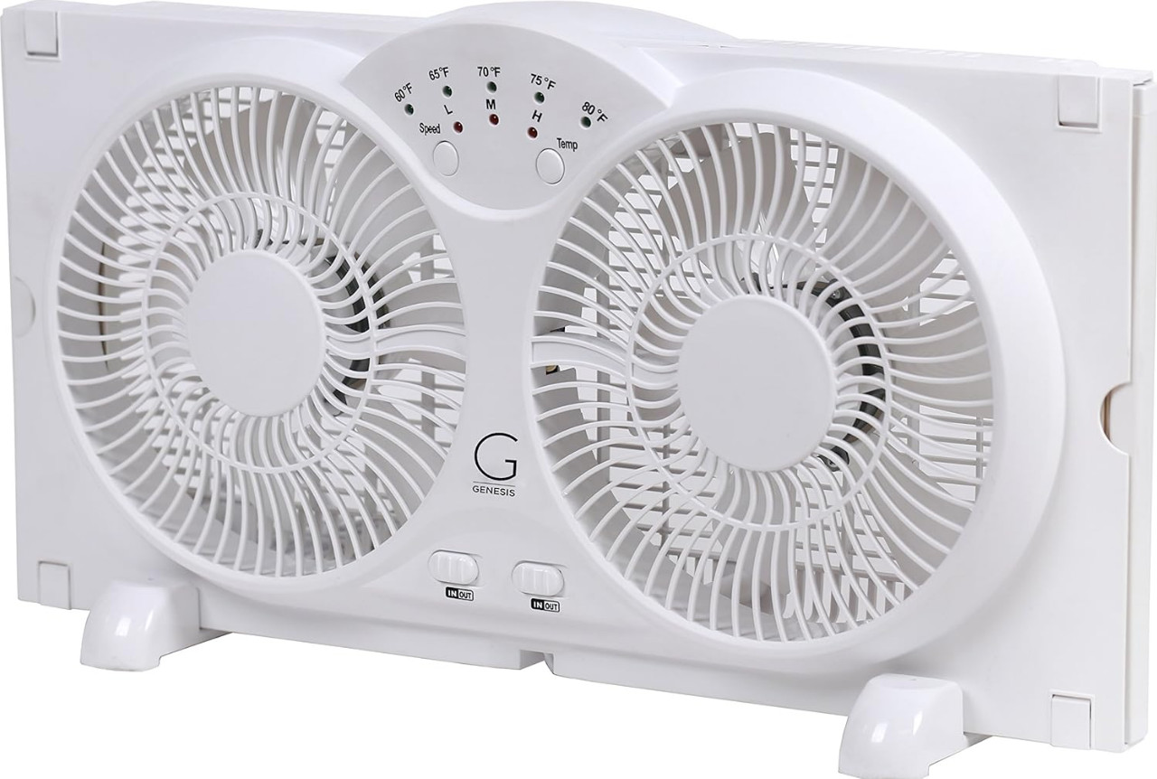 GENESIS Twin Window Fan Adjustable Thermostat Reversible Airflow 24 in. Wide