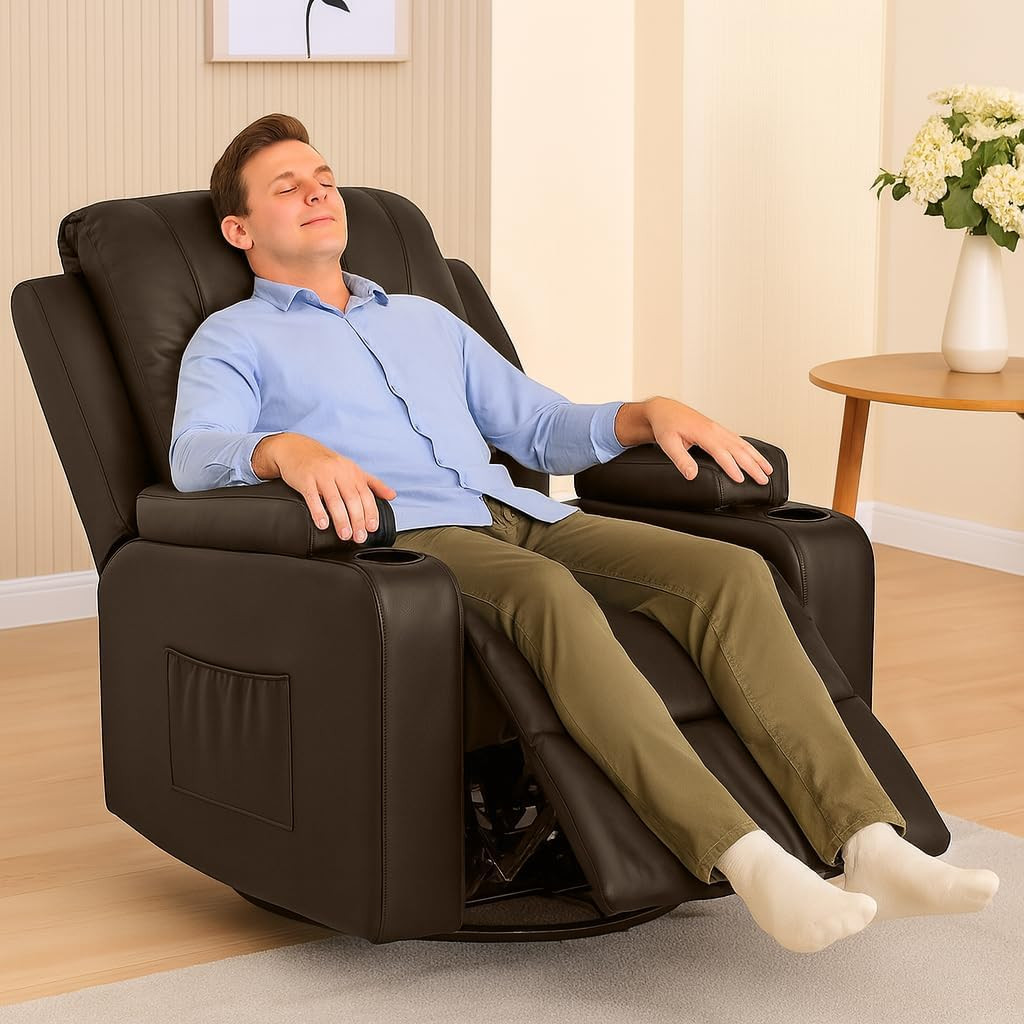 Brown Swivel Recliner Chair with Cup Holders & Side Pockets for Living Room