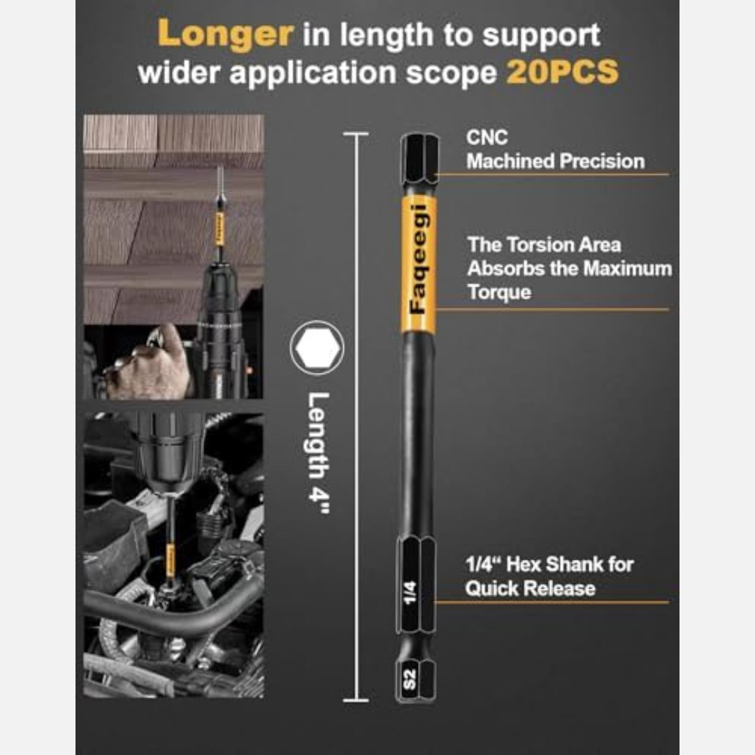 4-Inch Long Hex Bit Set 20PCS (Metric & SAE) Impact Allen Wrench/Key Drill Bit