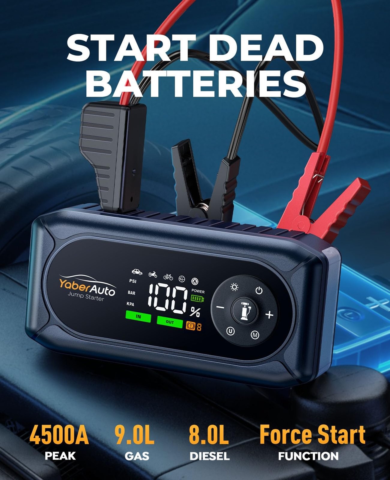 YaberAuto 9-in-1 Car Jump Starter with Air Compressor 4500A 150PSI, Battery J…