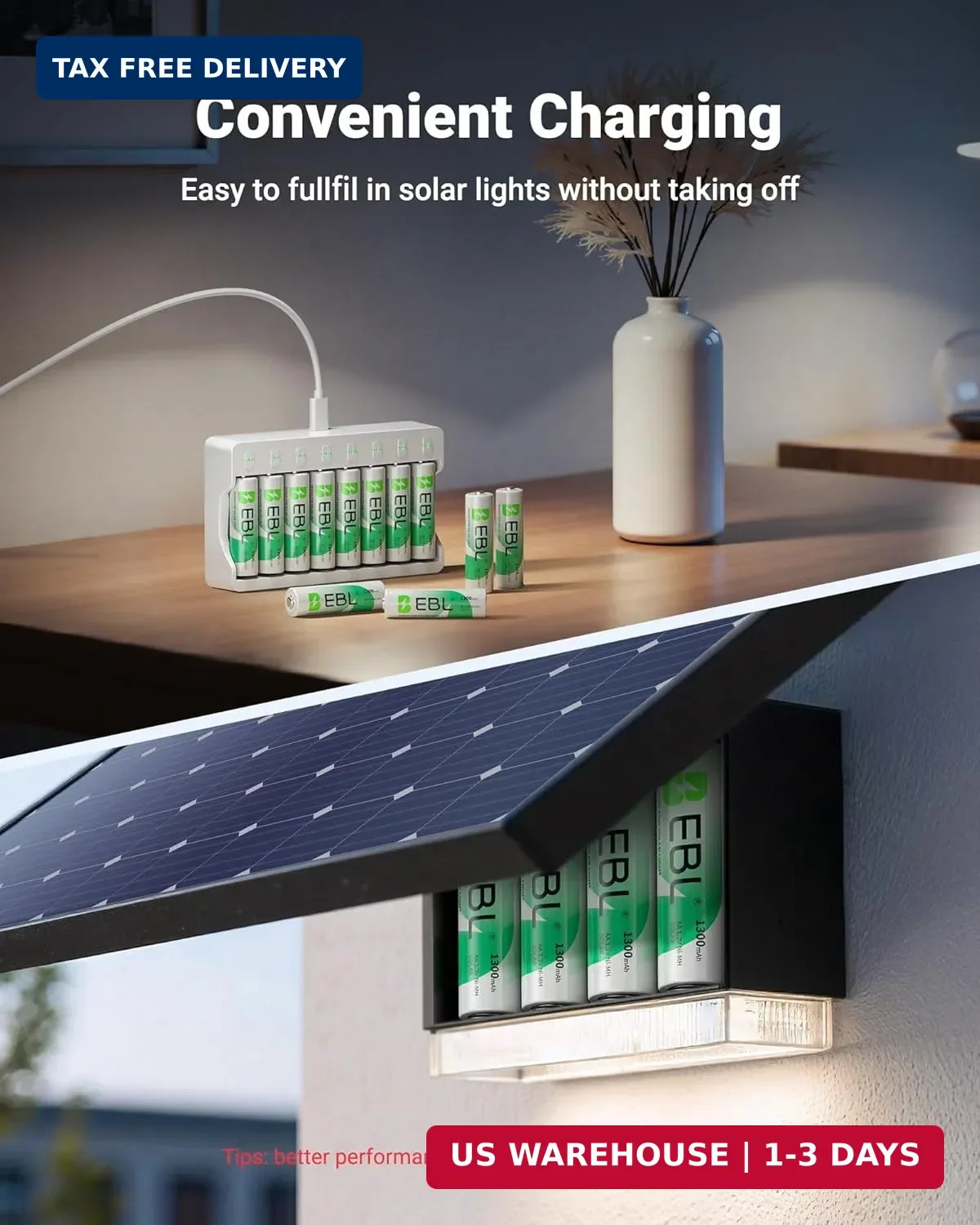 EBL Solar AA Battery Rechargeable Batteries for Outdoor Solar Lights, 1300mAh NI