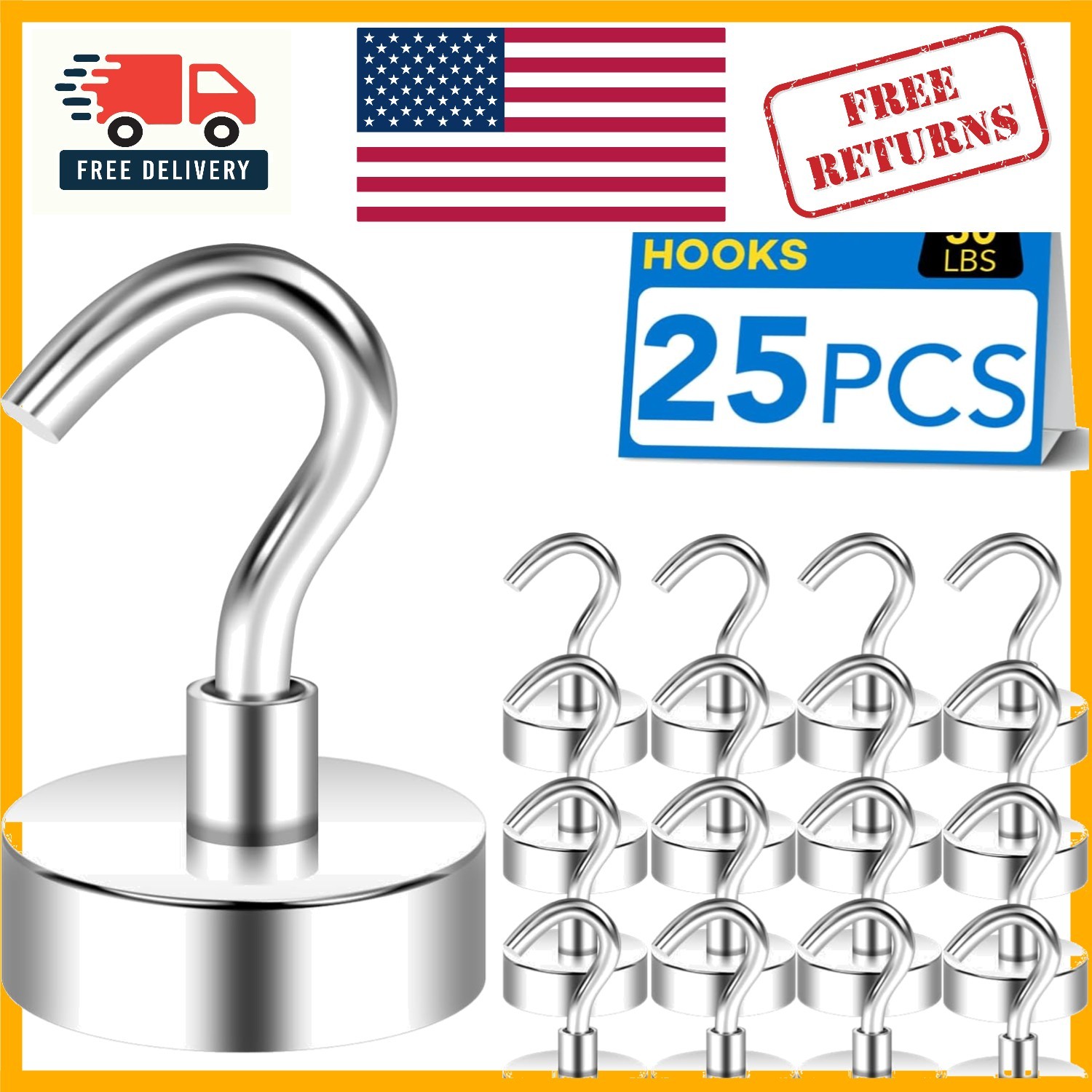 All-Purpose Magnetic Hooks, 30lbs Capacity – 25 Pack for Indoor & Outdoor Use