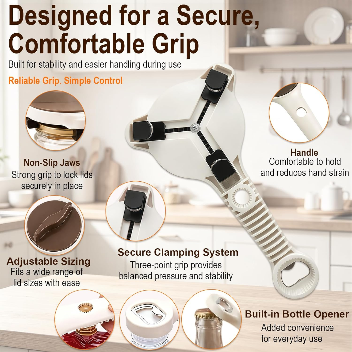 4-in-1 Multi-Purpose Jar Opener Adjustable Stainless Steel Lid Remover with Non-
