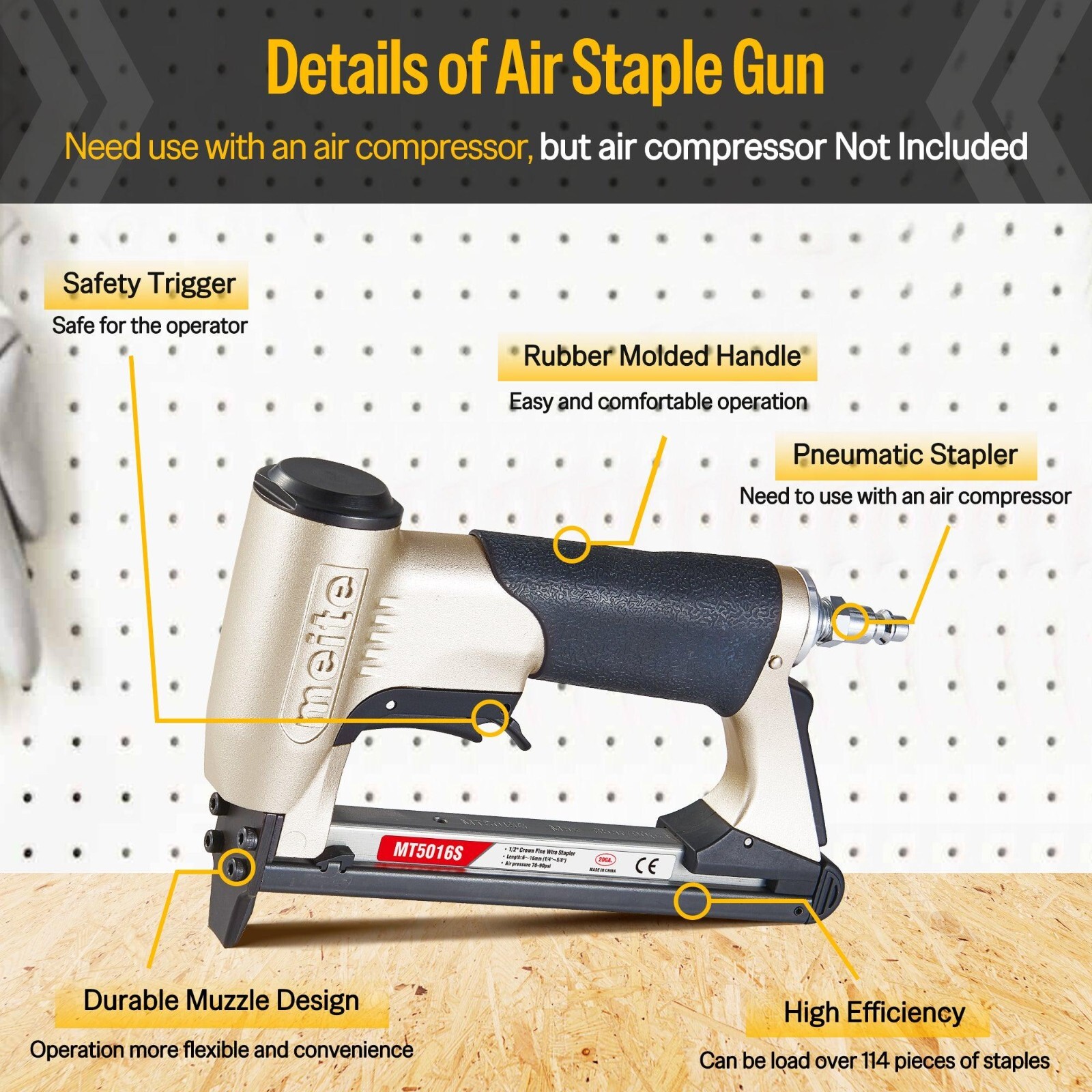 meite MT5016S Pneumatic Staple Gun 20Gauge 1/2″Crown 1/4″-5/8″Upholstery Stapler