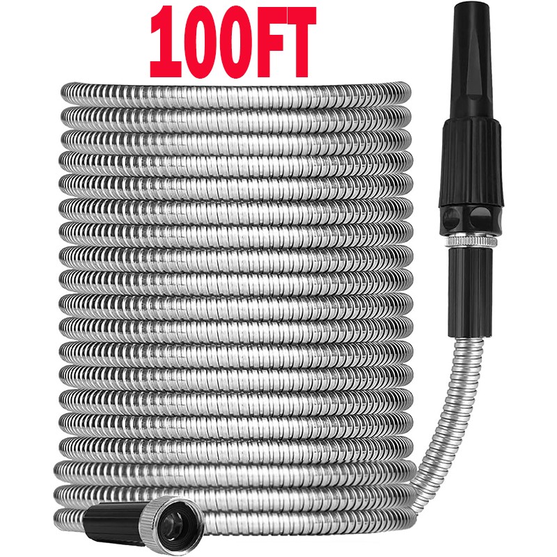 100FT Stainless Steel Metal Garden Water Hose Flexible Heavy Duty Pipe w/ Nozzle