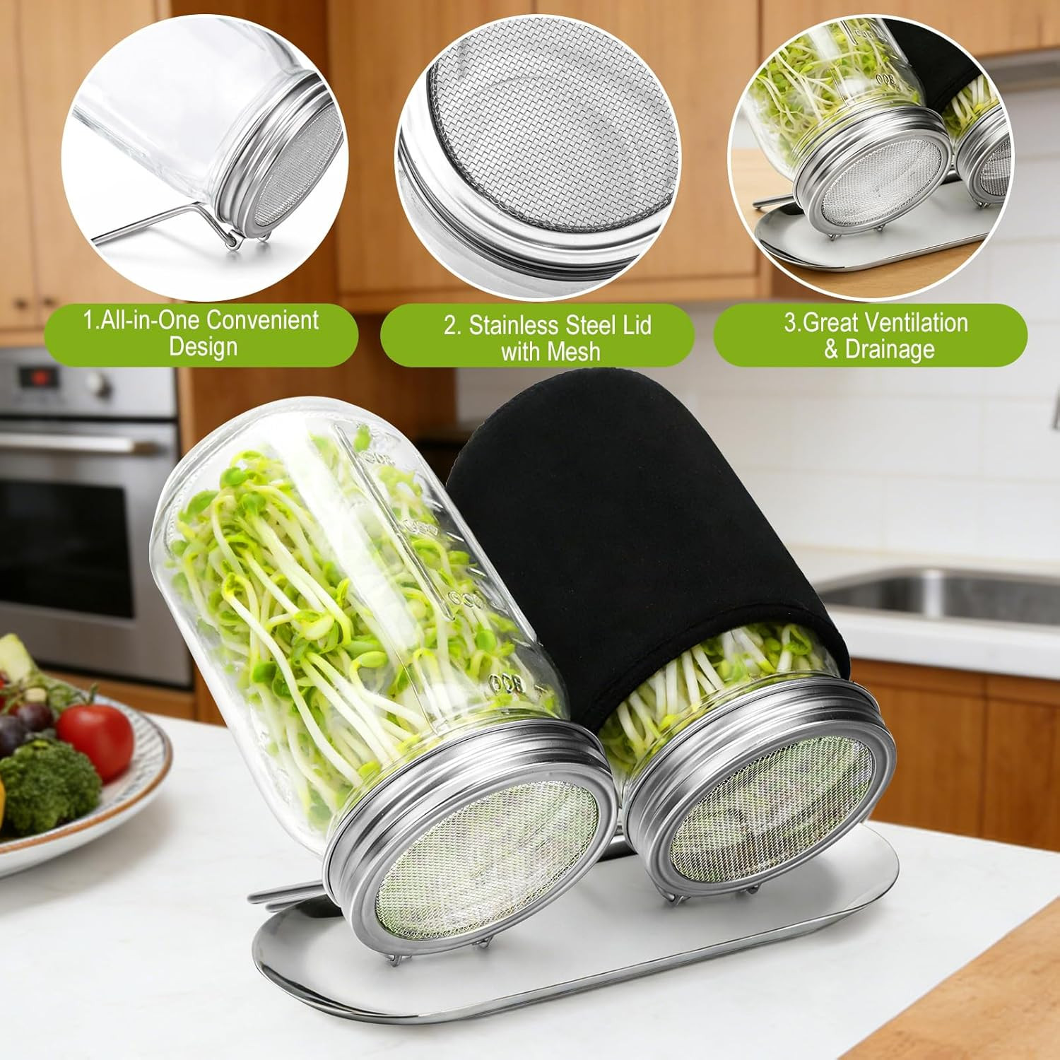 Sprouting Kit with Stainless Steel Screen Sprouting Lids & Glass Mason Jars & Li