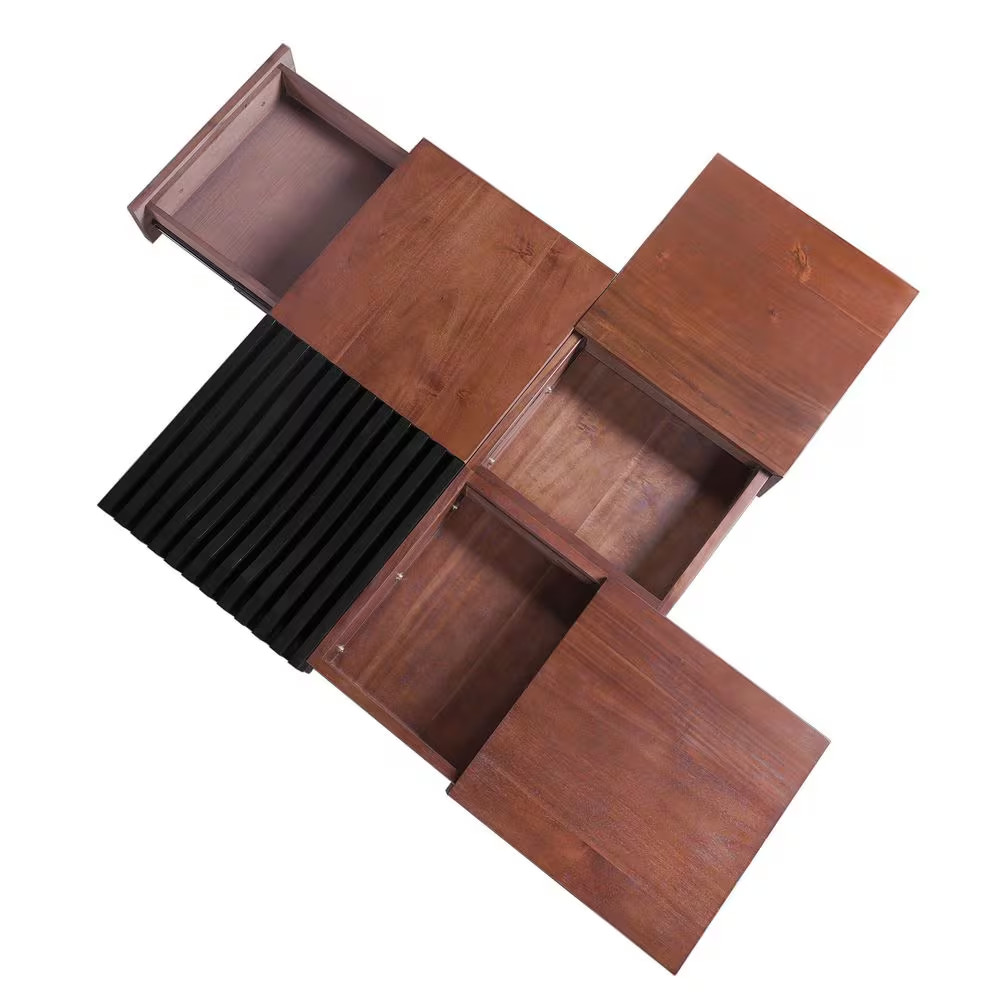 Retro 35 In. Brown and Black Square Acacia Wood Coffee Table with Storage