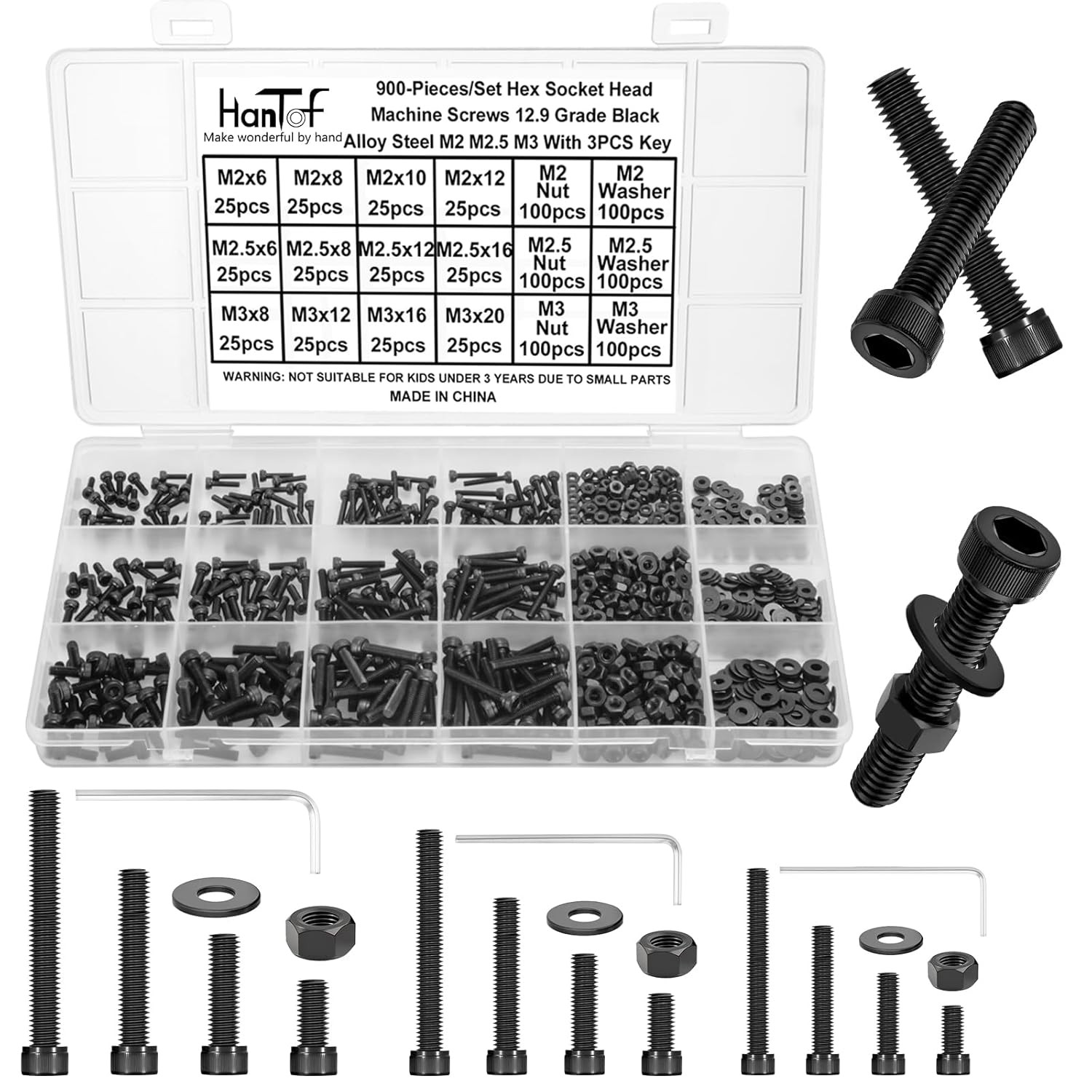 900 Pcs M2 M2.5 M3 Screws Bolts Nuts Washers Assortment Kit,Come with Hex Wrench