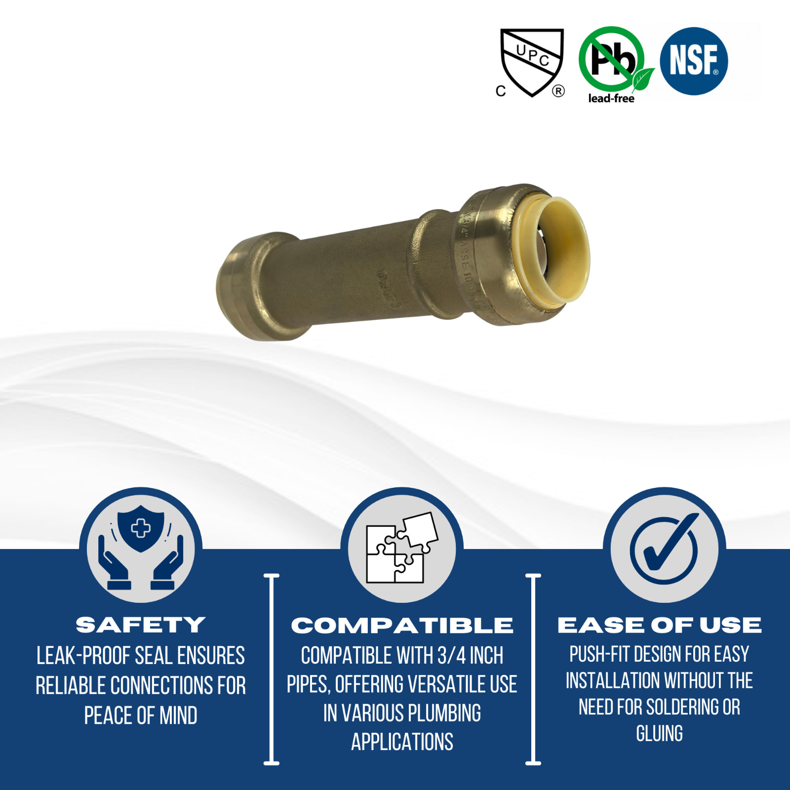 1 Pc. 3/4″ Push Fit Coupling, Slip Repair Coupling, Length 4.4 Inch, Lead Free