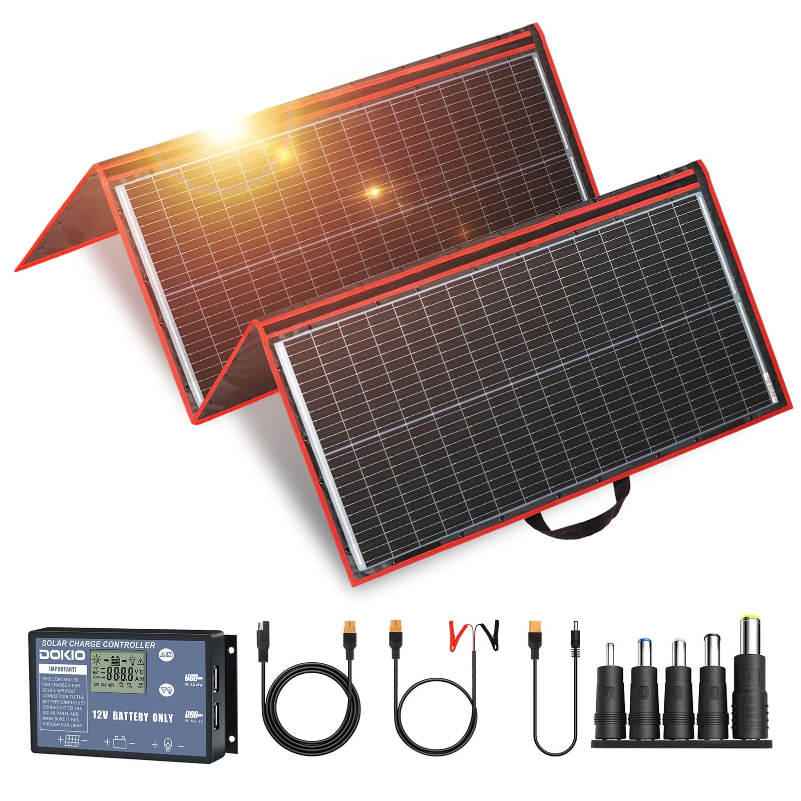 Panel 300W 12V Portable Foldable 19.3×37.4in Donocrystalline DOKIO Solar Compact