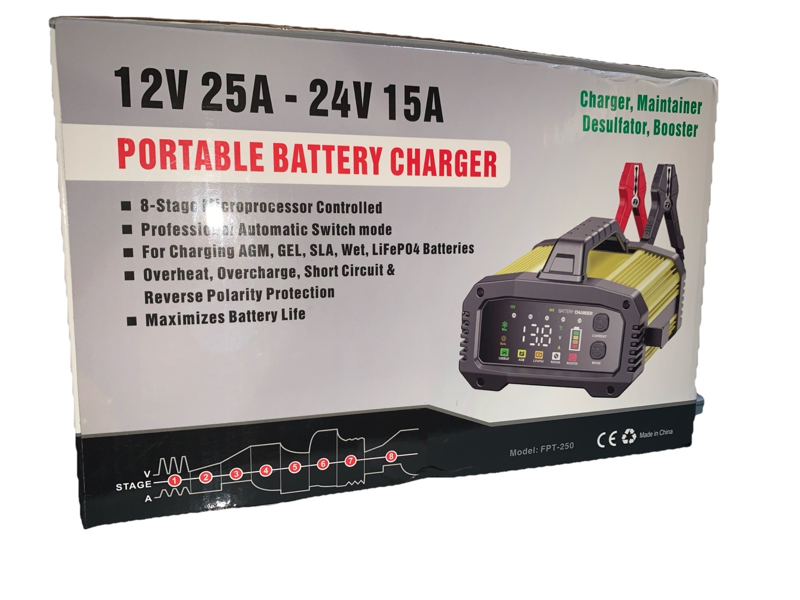 Fully Automatic Battery Charger, 25A 2/8/20/25 Amp 12V/24V LiFePO4 Lead Acid