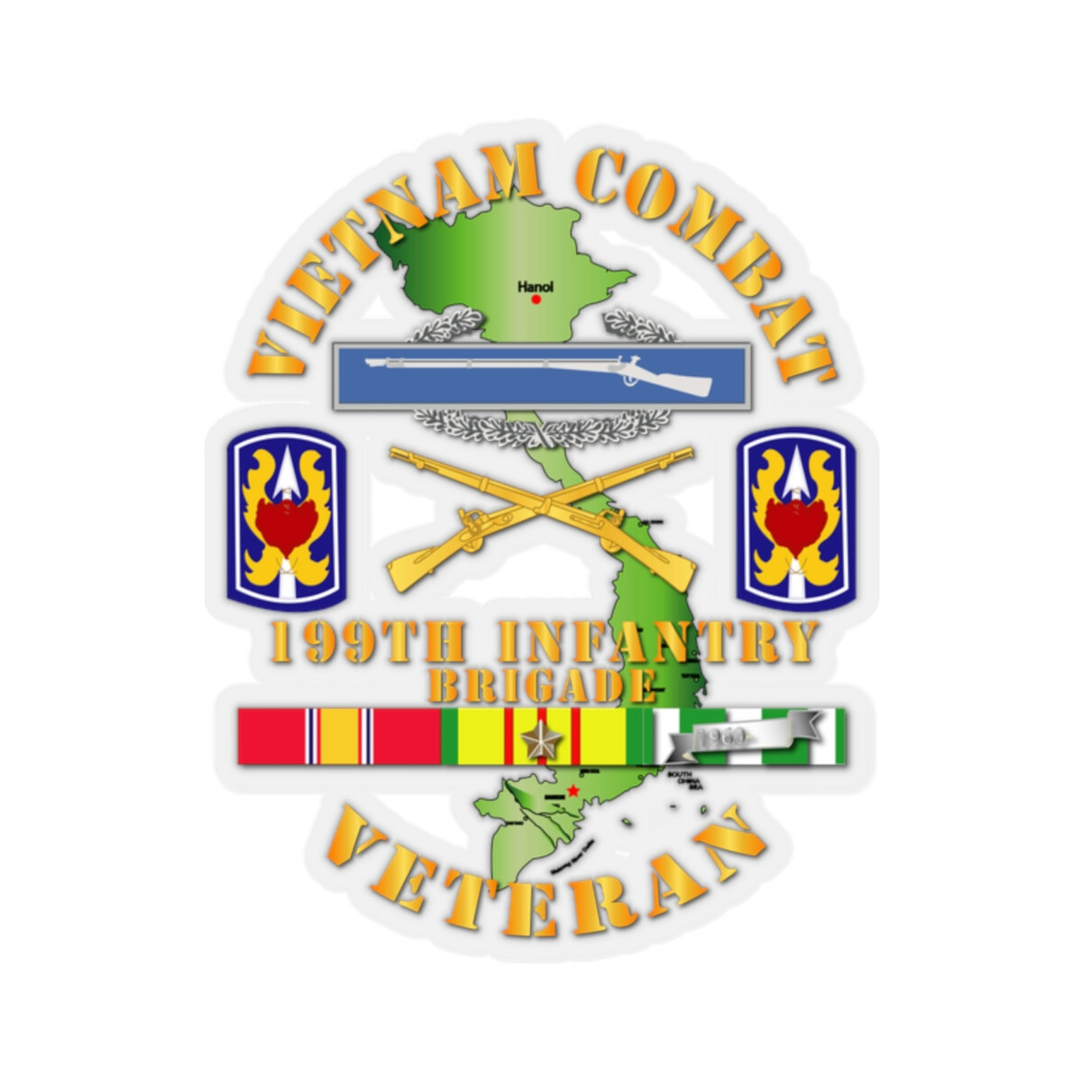 Kiss-Cut Stickers – Vietnam Combat Infantry Veteran w 199th Inf Bde SSI V1