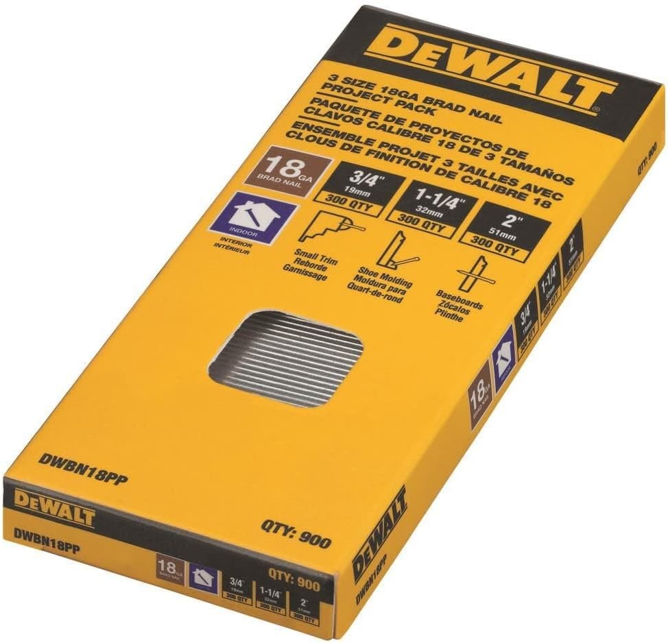 DeWalt DWBN18PP 18 Gauge Brad Nail Project Pack Sizes 3/4″ 1-1/4″ and 2″ (900ct)