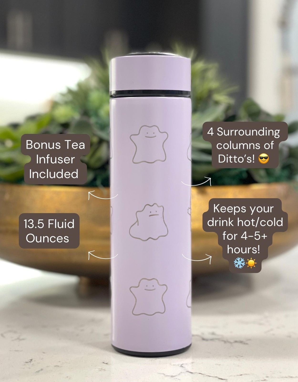 Ditto Coffee Tumbler Shiny Ditto Engraved Tea Infuser Waterbottle with Fake