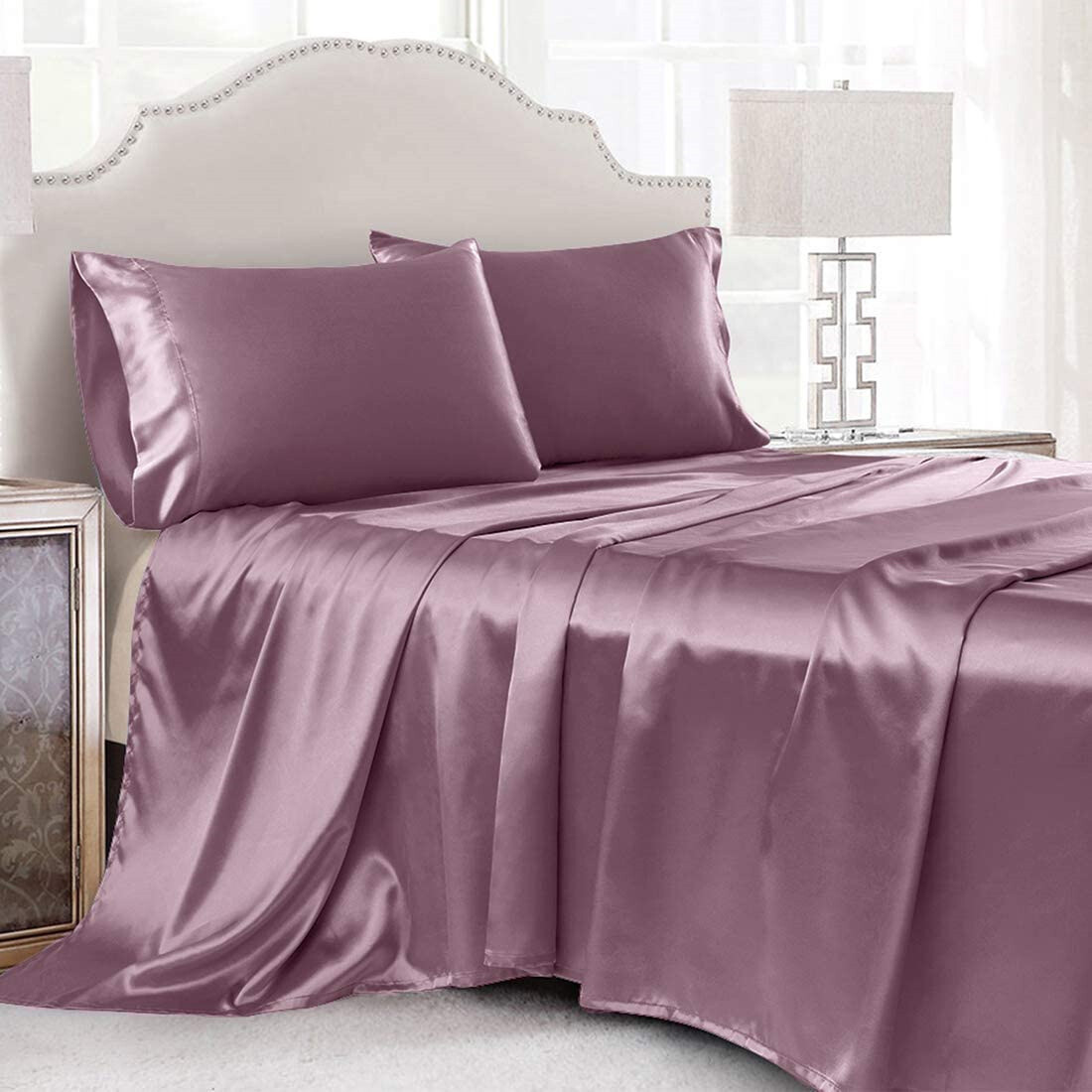 4 Pcs Smooth Satin Silk Sheet Set Deep Pocket Bed Sheet Wrinkle Fade Resistant