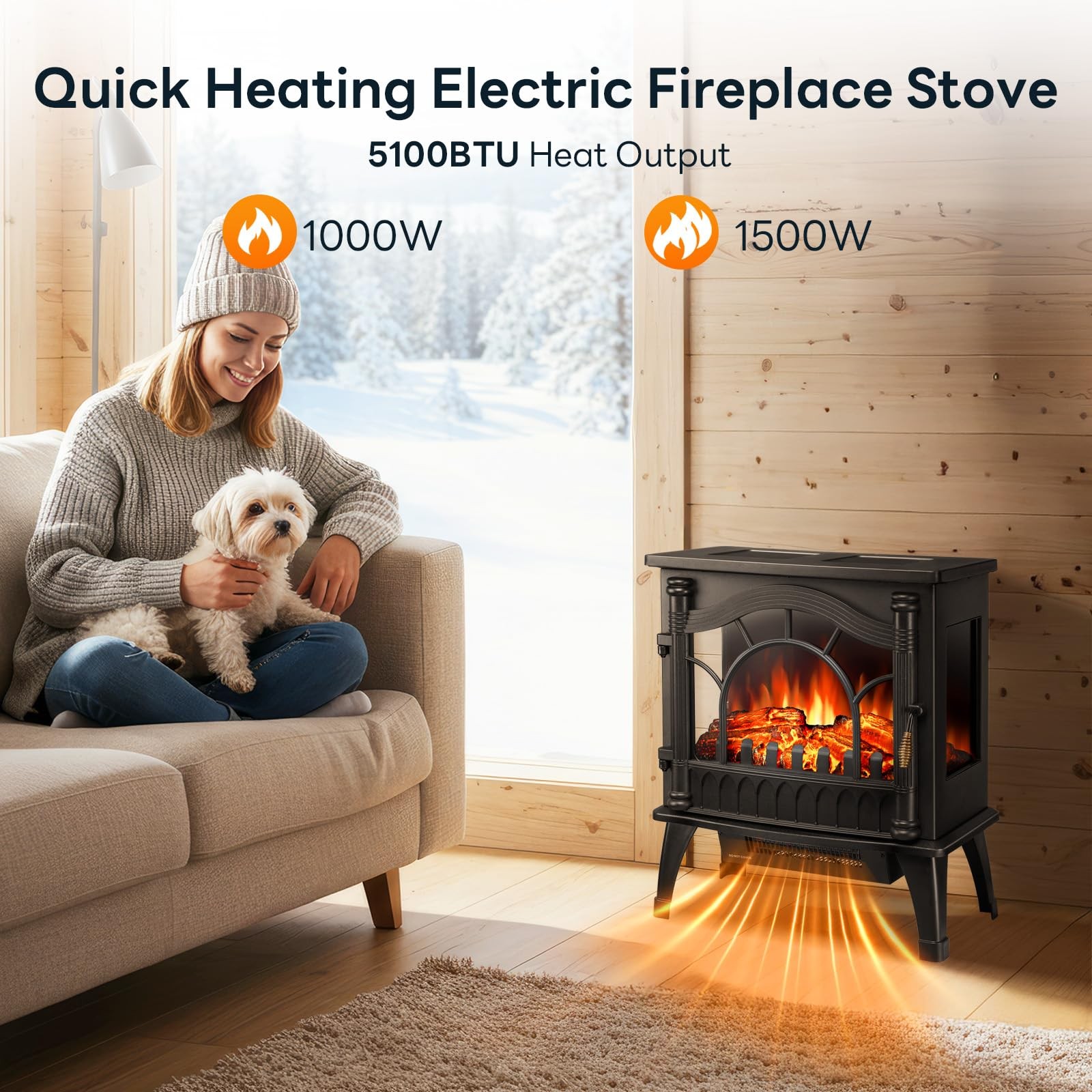 ZAFRO Freestanding Electric Fireplace Stove with Realistic Flame, 5100 BTU