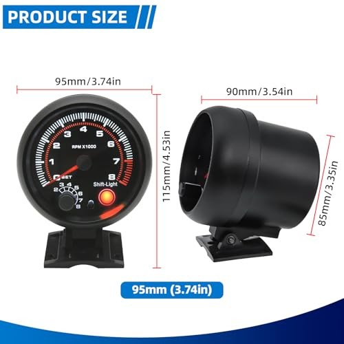 3.75 inch (95mm) Tachometer with Shift Light, 8000 RPM Gauge, 5-Level