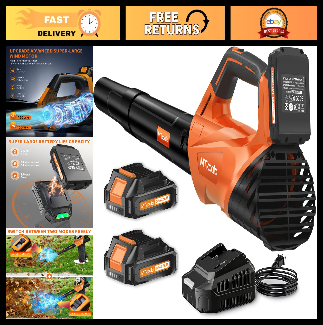 Cordless Leaf Blower 450CFM 150MPH, 2 Speed Modes, 2 Batteries & Charger, Lightw