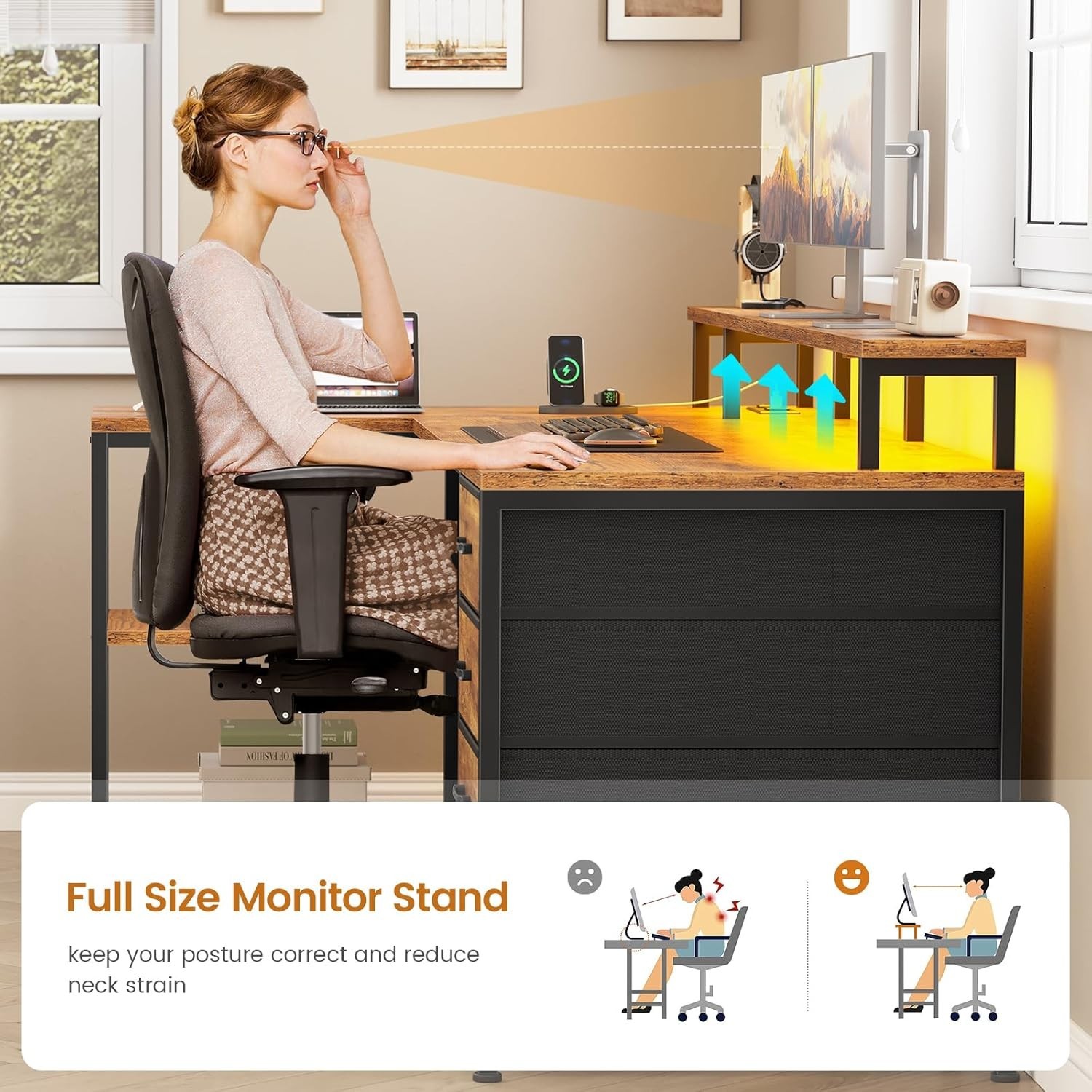 L Shaped Desk with 4 Drawers &Storage Shelves, Corner Computer Desk w/LED Lights