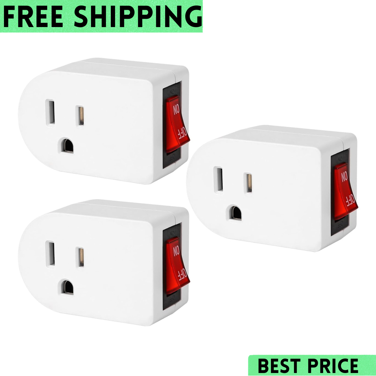 Grounded Outlet with on off Switch (3 Pack), Single Power Adapter Outlet 15A 187