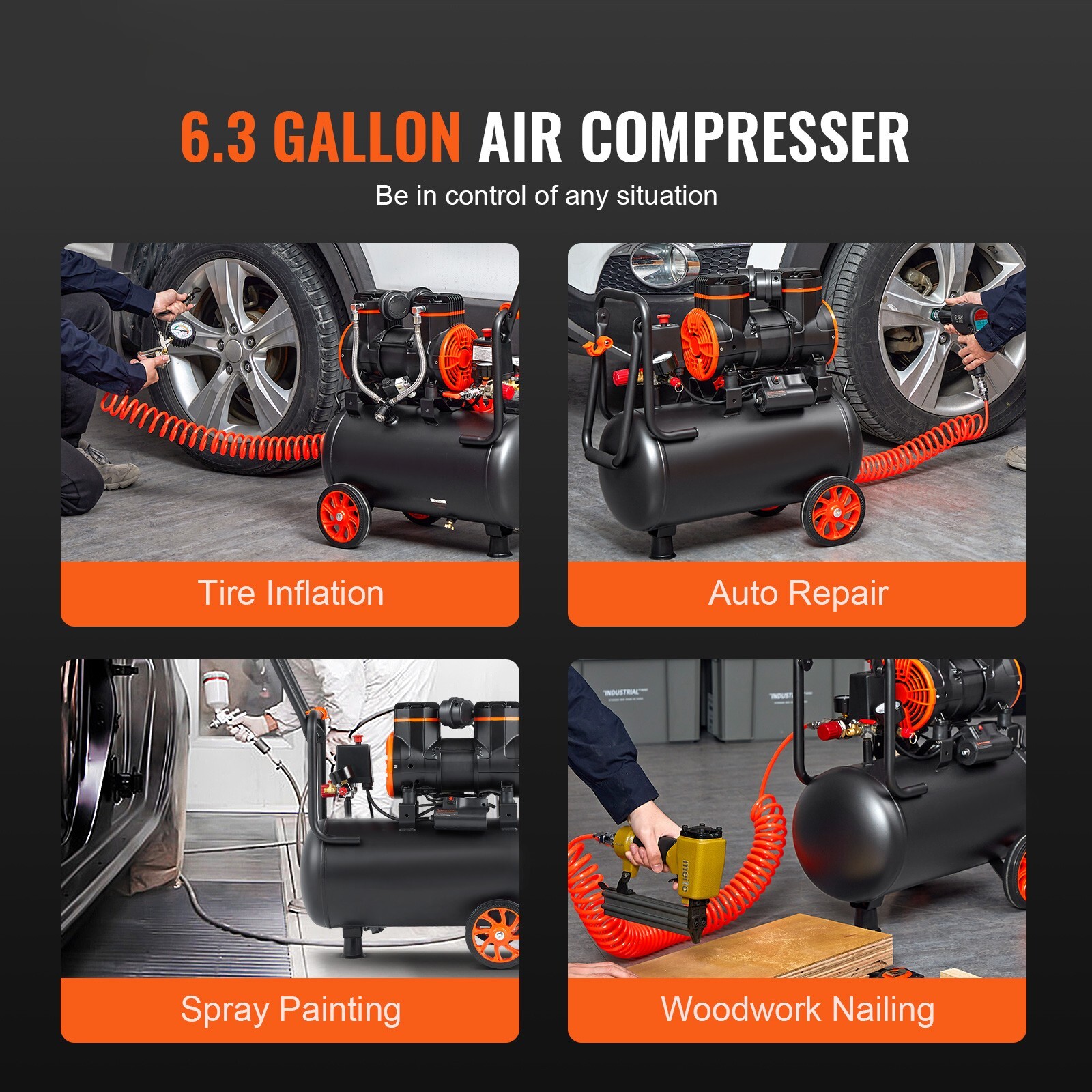 Air Compressor 6.3 Gallon 1450W 3.35 CFM@ 90PSI 70 dB Ultra Quiet Oil Free