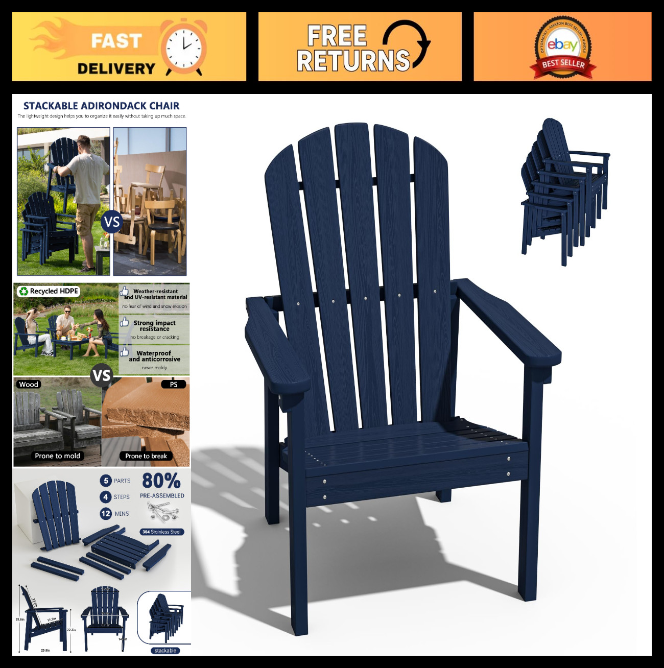 Stackable Adirondack Chairs – All-Weather HDPE, Navy, 380lb Capacity, Easy Assem
