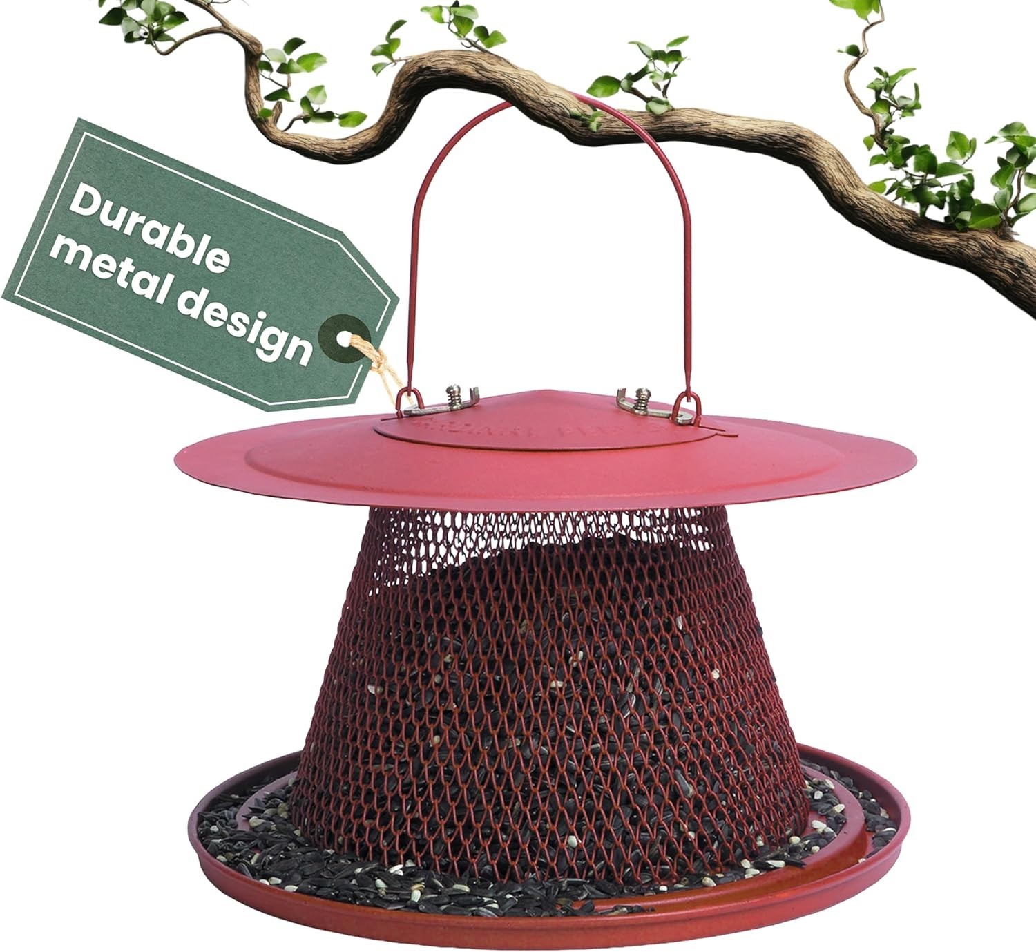 Stylish Red All-Metal Hanging Bird Feeder – 2.5 lb Seed Capacity, Squirrel Proof