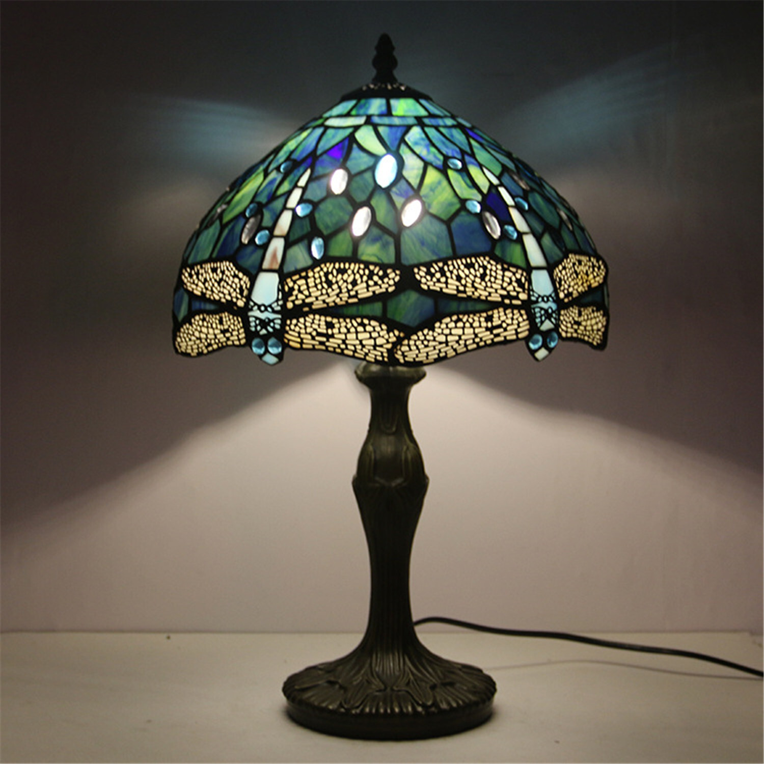 Dragonfly Style Tiffany Table Lamp Stained Glass Desk Light for Home Decor H 18″