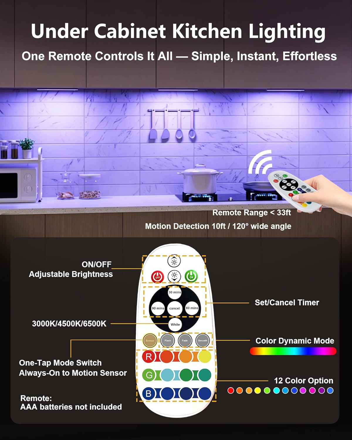 Motion Sensor Night Lights, 58-LED RGB Under Cabinet Lighting Wireless, 1100mAh
