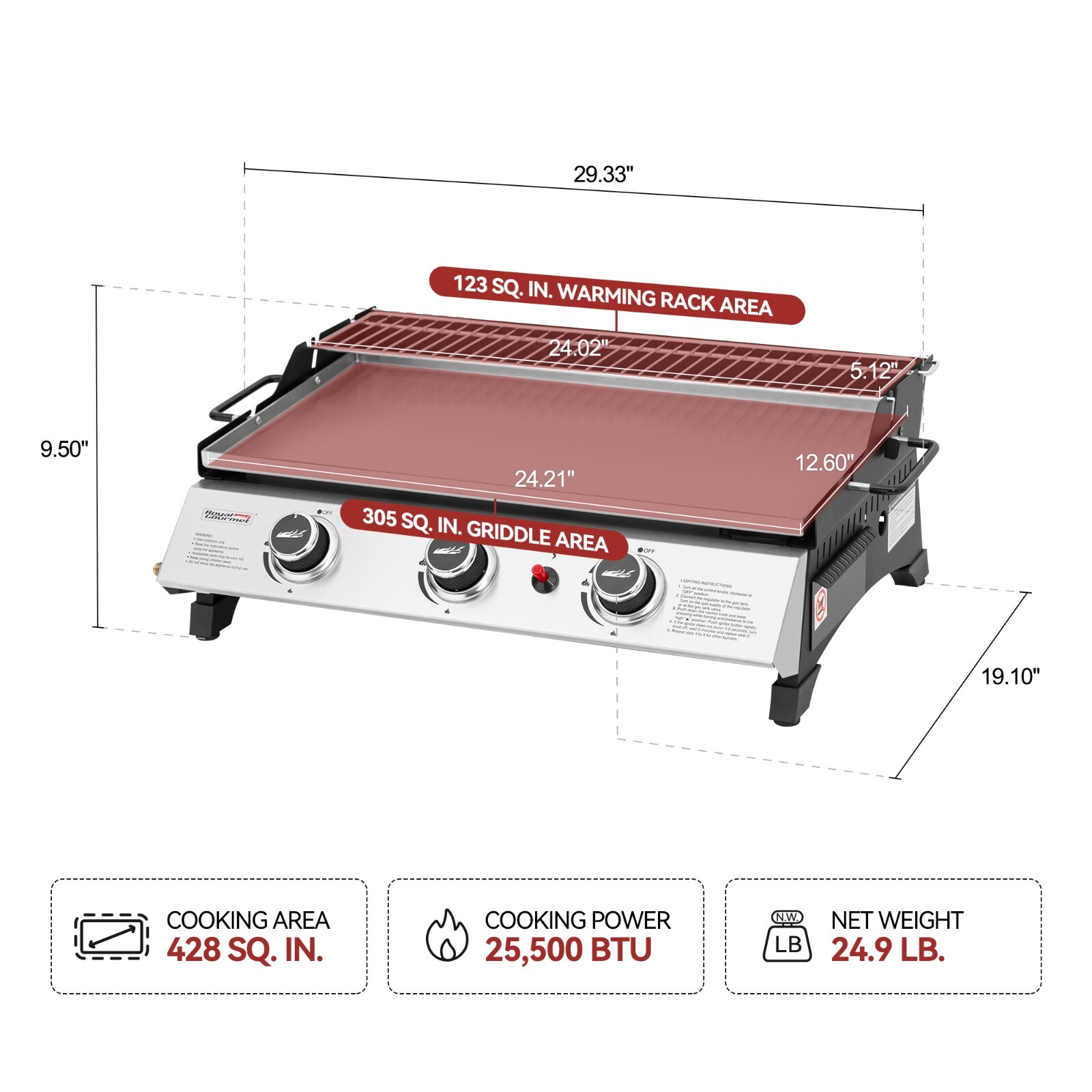 Royal Gourmet 24-Inch Tabletop Propane Griddle w/ Warming Rack & Two Handles